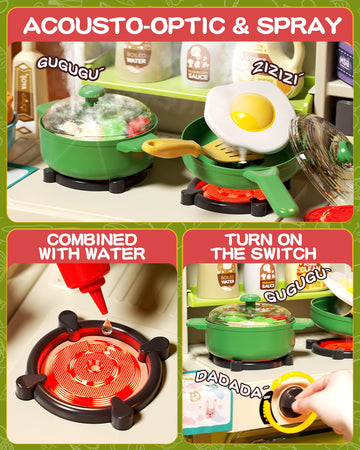 70PCS Kids Kitchen Playset, Kid Play Kitchen with Realistic Lights & Sounds, Spray Sink Toy Kitchen Accessories, Pretend Food To