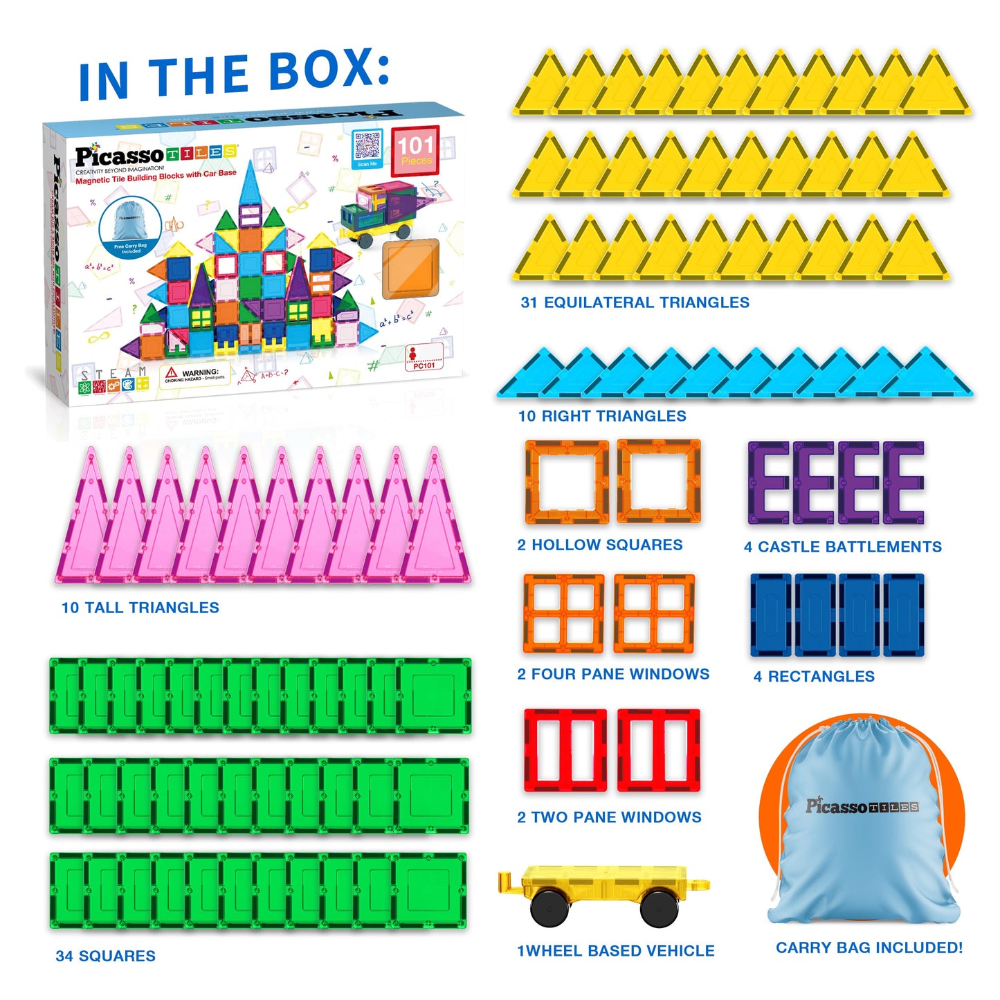 Picassotiles 101Pc Magnetic Tile Building Blocks With Car Base Drawstring Carry Toy Storage Bag Magnetized Block For Kids Magnet