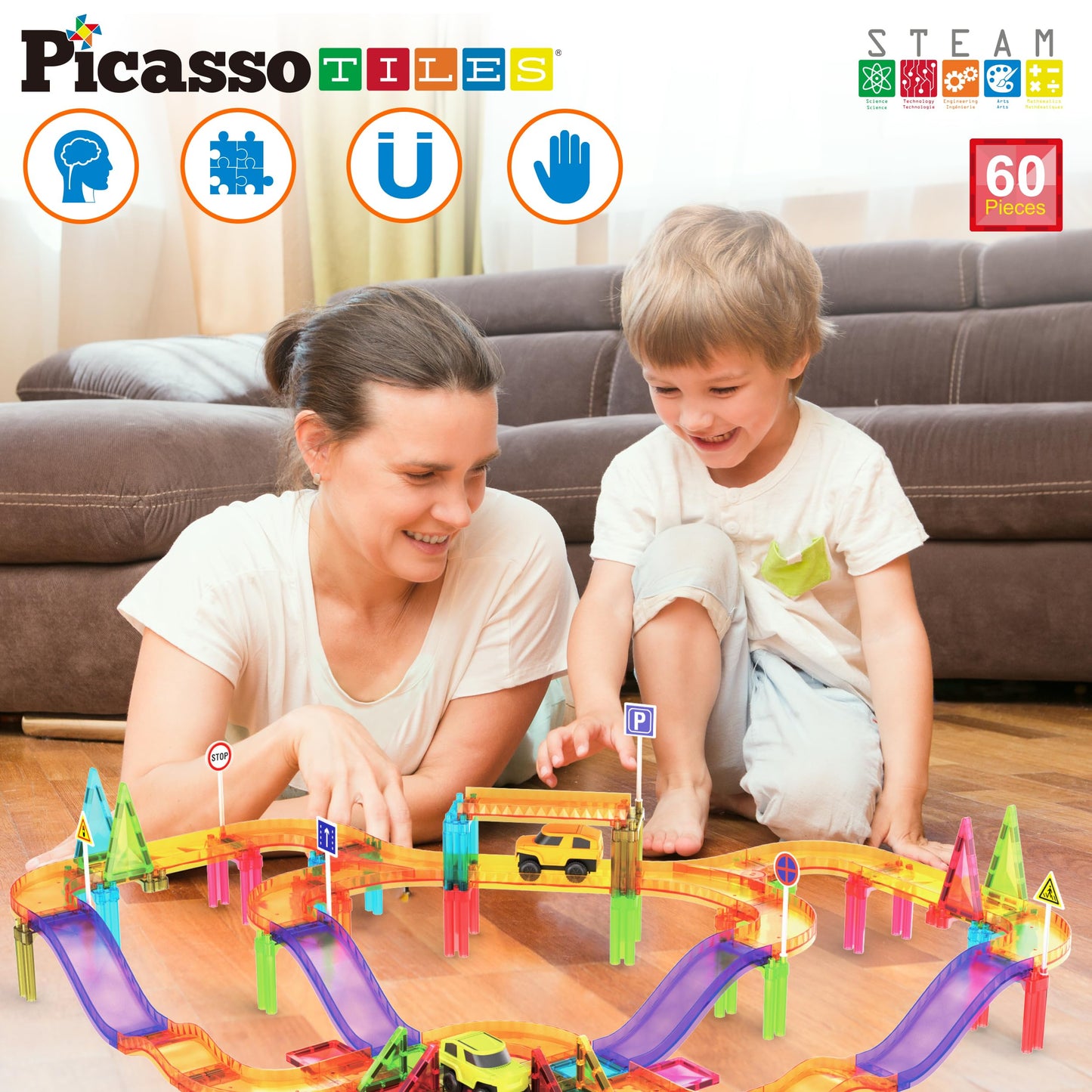 Picassotiles 60Pc Race Car Track Magnetic Tiles Travel Toy Sensory Magnet Tile Toys For Toddlers Stem Educational Learning Presc