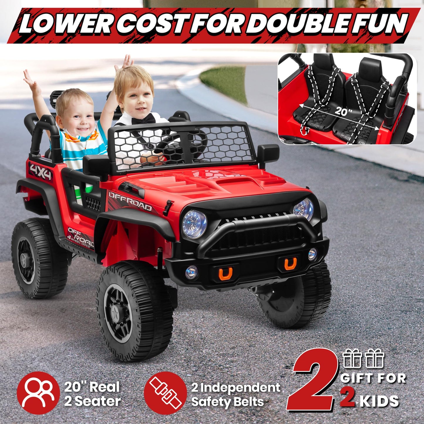 Joyracer 24V Ride On Toys With 4X200W Motors, 20'' Xl 2 Seat Power Ride On Wheels W/2 Safe Belts, Remote Control, 4-Wheeler Susp