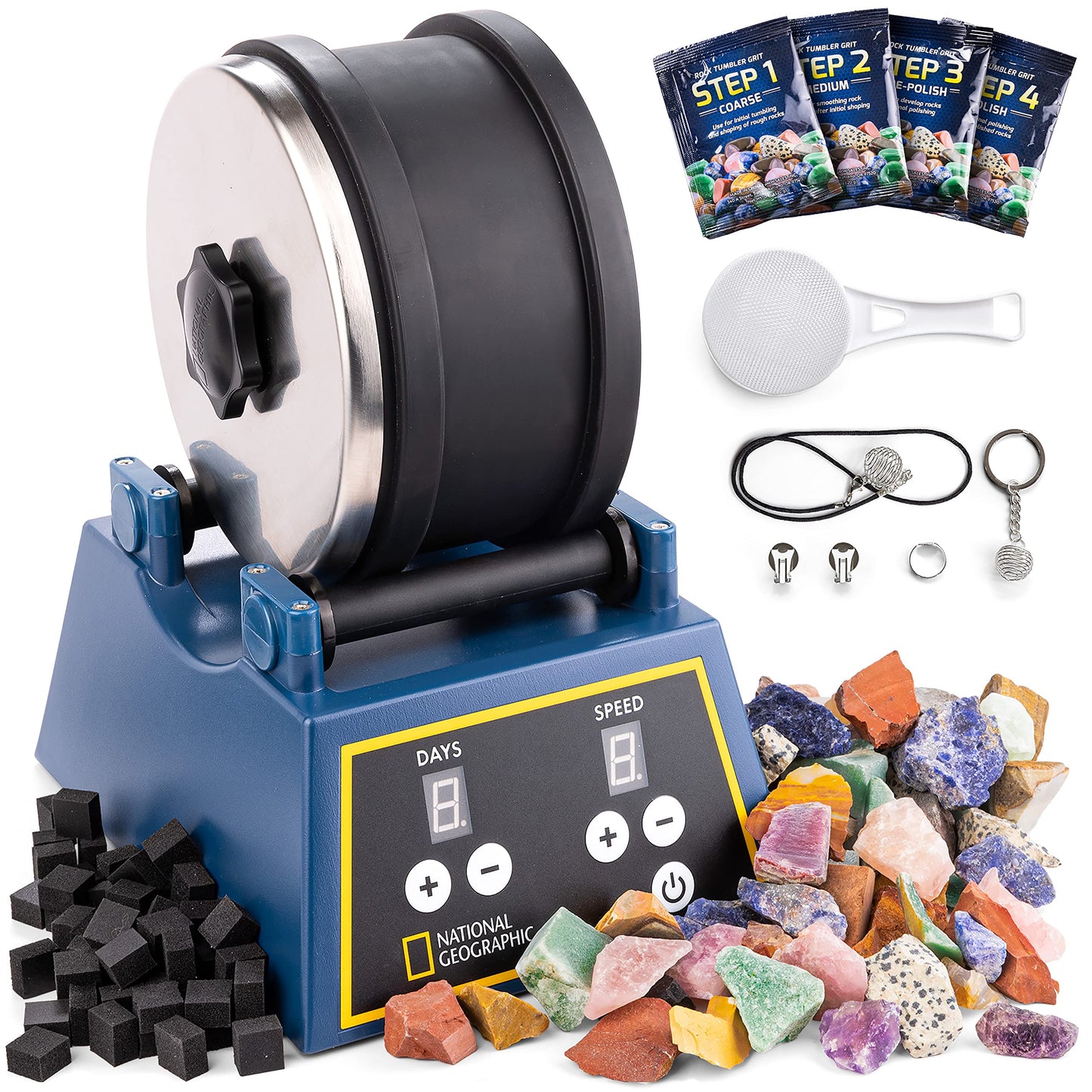 National Geographic Rock Tumbler Kit - 3 Lb. Extra Large Capacity Barrel With 3-Speed Motor & 9-Day Timer, Kit Includes Rocks Fo