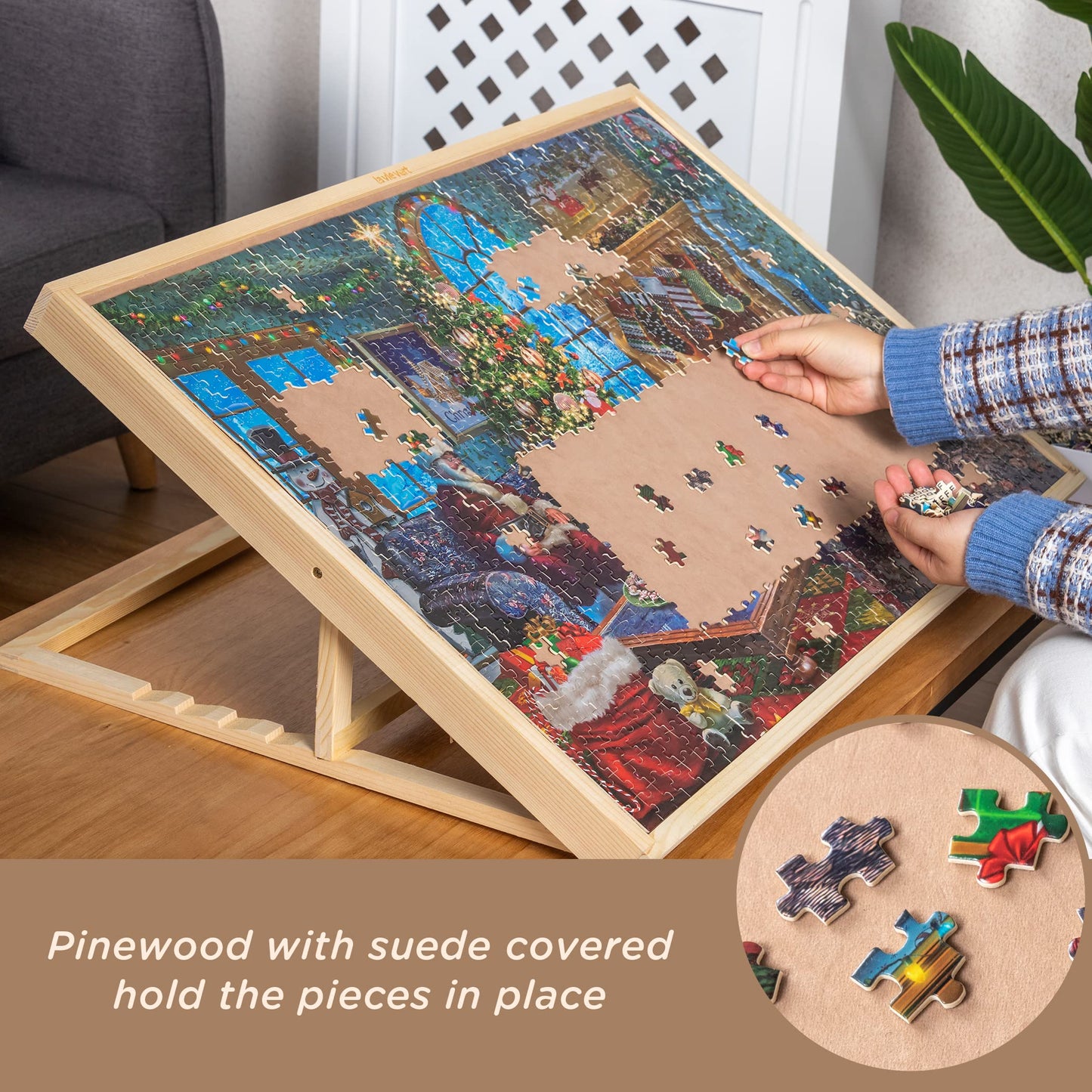 LAVIEVERT 1000 Piece Jigsaw Puzzle Board, Adjustable Wooden Cover, Portable Flannel Tabletop, Burlywood