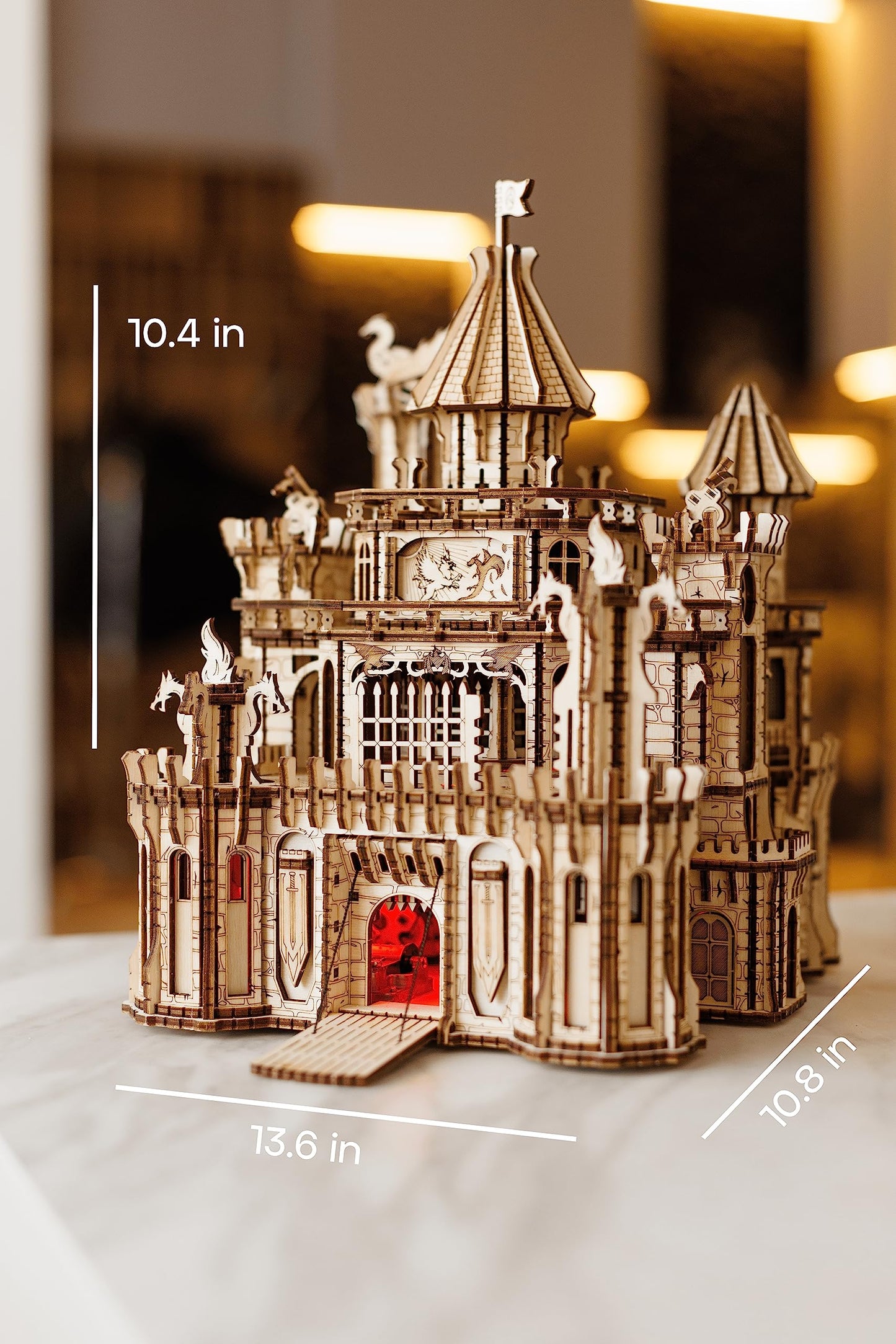 Wood Trick Dragon Castle Movable Wooden 3D Puzzles For Adults And Kids To Build - Red Led - Greensleeves Melody - Towers Rotating - Engineering Diy Project Mechanical Model Kits For Adults
