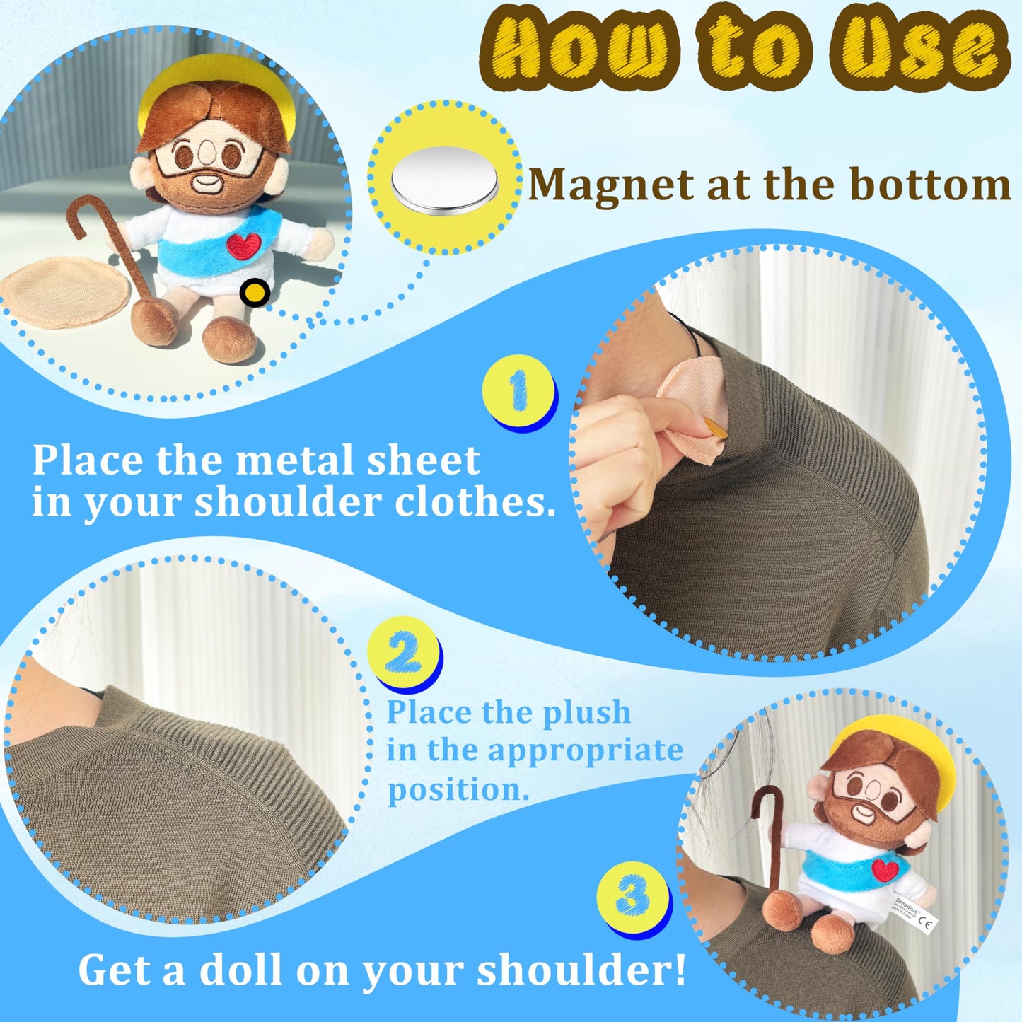 Beeadore Jesus Toys Figures 7, Jesus Plush Doll Shoulder Stuffed Animal Costume Props Room Decor Christian Religious Party Favor