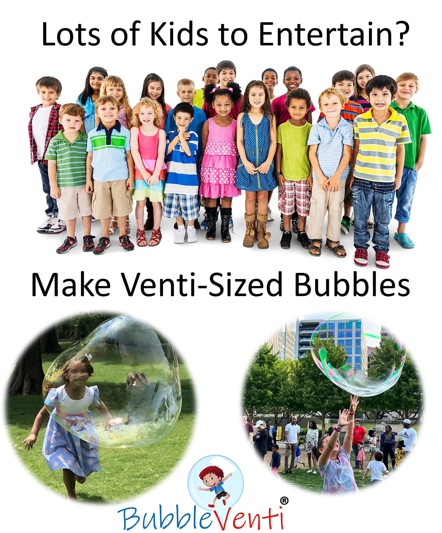 Bubbleventi Giant Bubble Kit | Made In Usa | Includes 2 Wooden Wands, A Tips And Tricks Booklet, And 1 Bubble Mix - Makes 4 Gallons Of Big Bubble Solution |Use At Birthdays And Family Fun