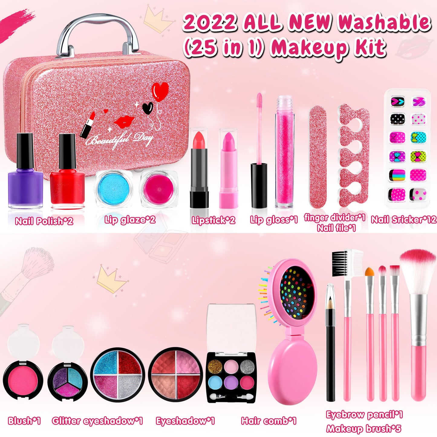 GIFTINBOX Kids Makeup kit for Girls, 25 PCS Real Makeup Set, Washable Makeup Set Toy with Cosmetic Case, Non-Toxic Little Girls