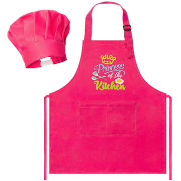 R HORSE 2 Pcs Kid Apron and Chef Hat Set, Rose Red Adjustable Children Kitchen Apron Role Play Chef Toy Cooking Baking Painting