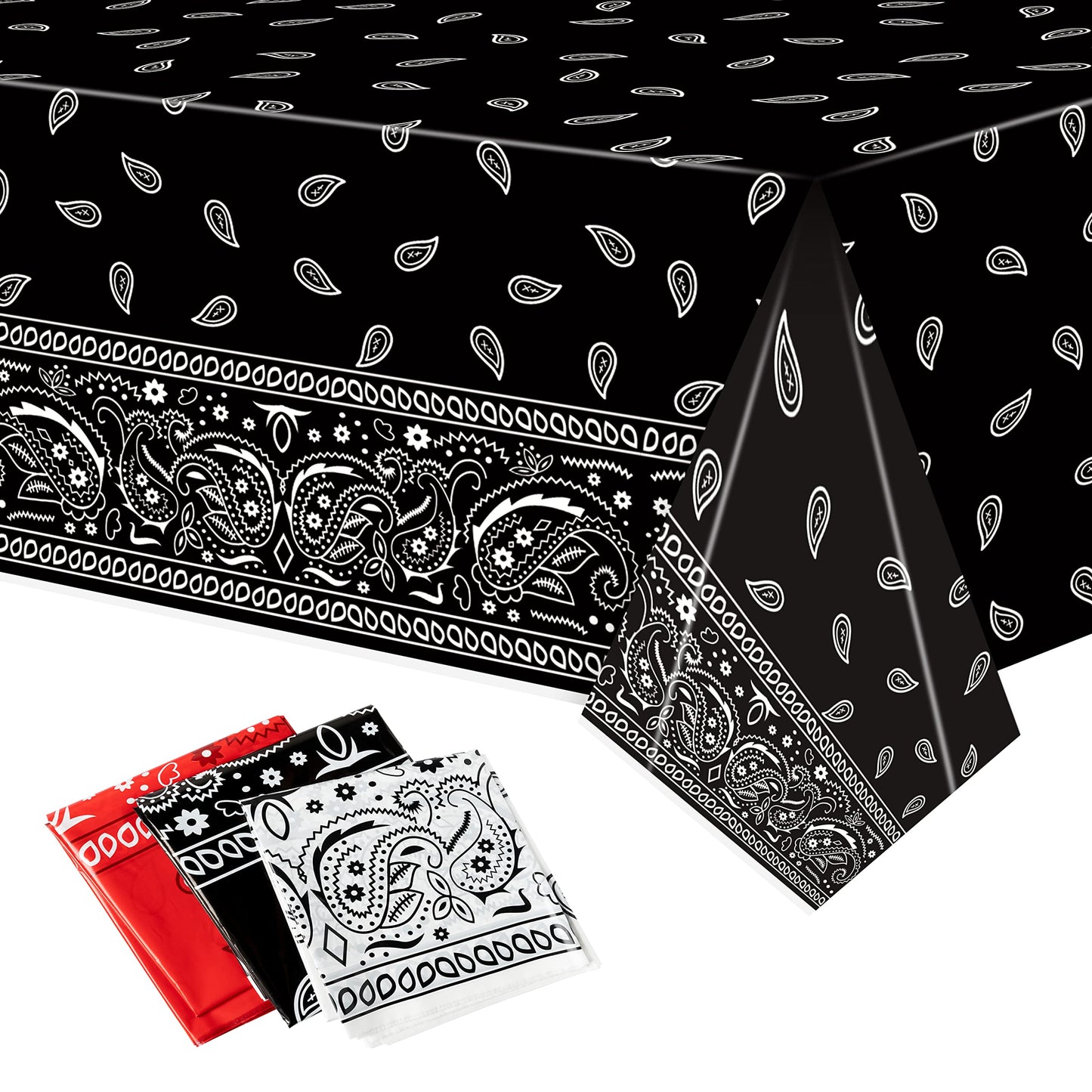 K1Tpde 3Pcs Bandana Party Tablecloths, Cholo Gangsta Theme Bandana Table Covers, Bandana Plastic Tablecloth, Cholo Themed Western Party Decorations For Adult, Red, White, Black Party Tablecloths