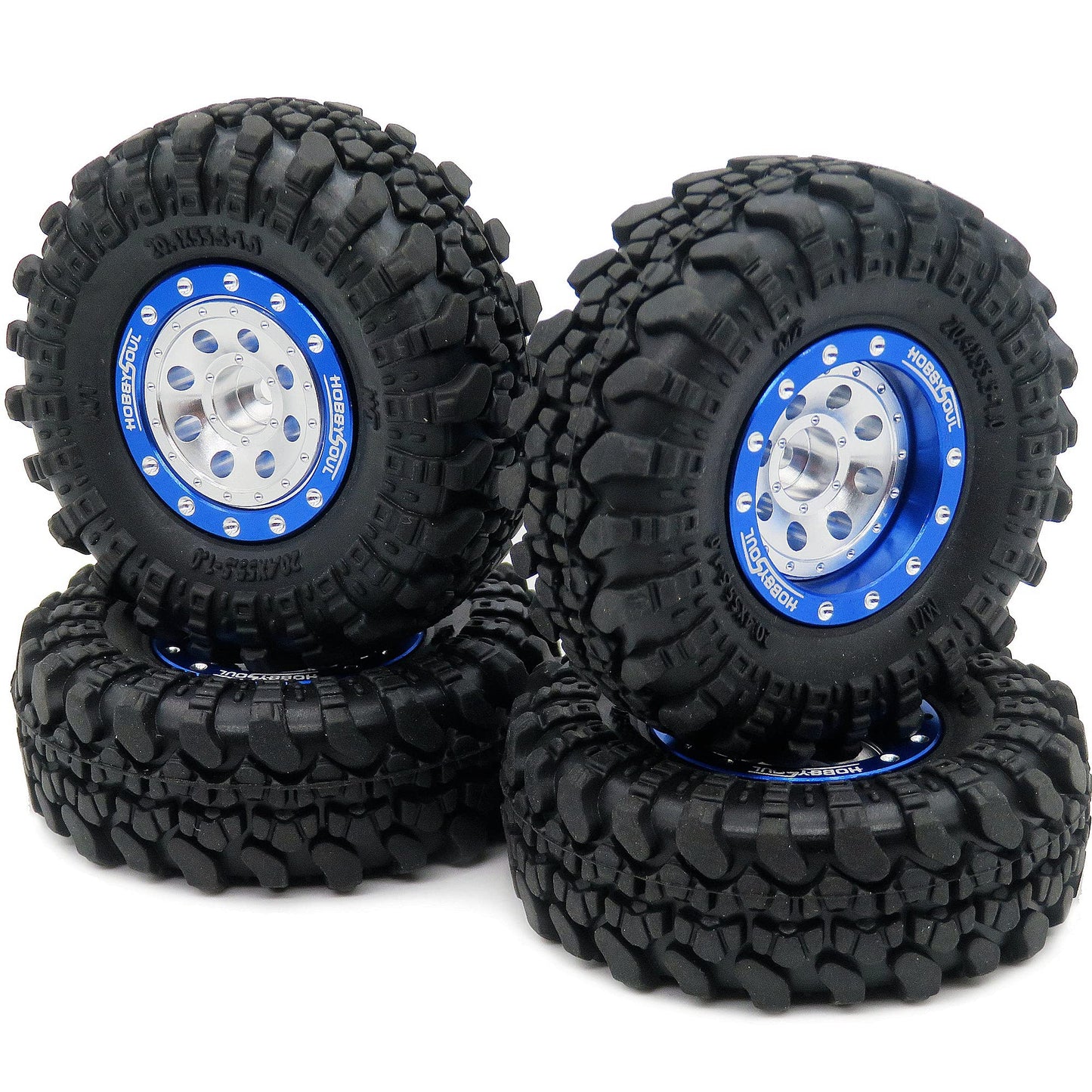 HOBBYSOUL Adjustable Offset RC 1.0 Wheels and Tires, 1/24 Tires & Heavy 1.0 Beadlock Wheels Blue Silver for 1:24 RC Crawler Axia