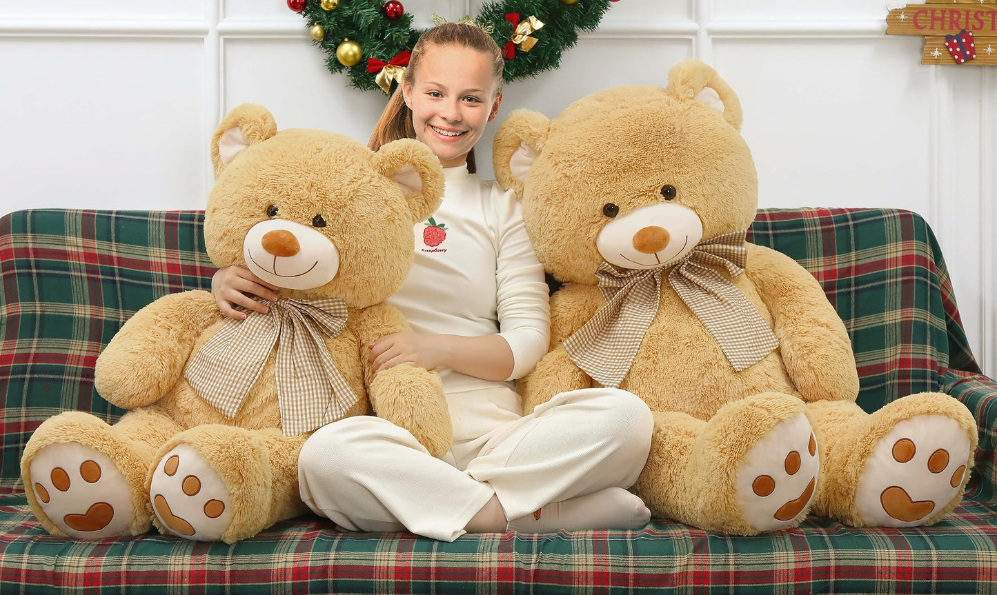 Morismos 4 Feet Giant Teddy Bear Stuffed Animal, 47' Large Tan Teddy Bear Plush With Footprints And Big Bow, Valentines Christmas For Girlfriend, Wife, Girls, Baby Shower Decor