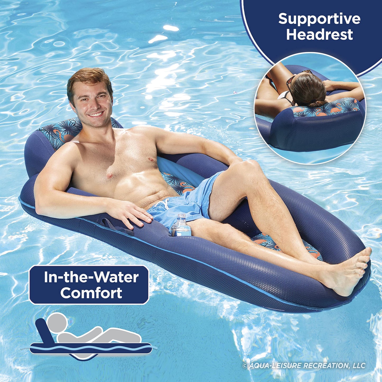 Aqua LEISURE Aqua Luxury Water Lounge Inflatable Pool Float X-Large Palm Beach Flamingo with Headrest, Backrest & Footrest