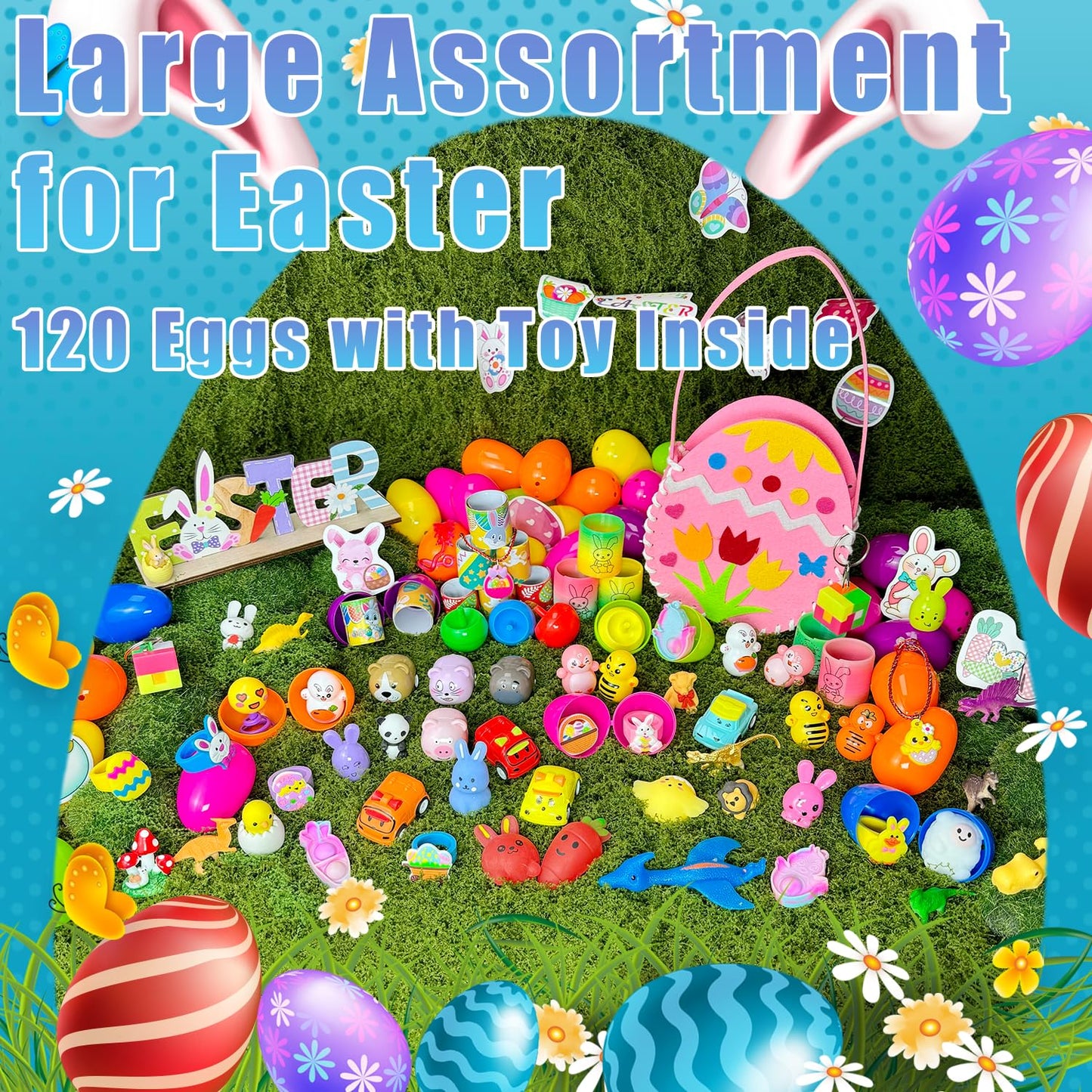 SQZUWIT 120 PCS Prefilled Easter Eggs Filled with Toys Inside for Kids Boys Girls Easter Hunt Basket Stuffers Essentials Fillers