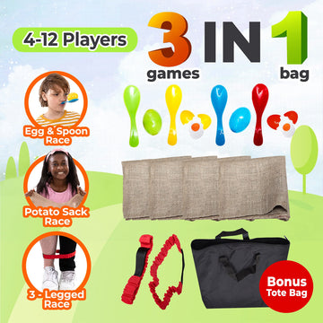 Outdoor Field Day Games Potato Sack Race Bags for Kids and mature-themeds Egg and Spoon Race 3 Legged Race Bands - with Storage Bag