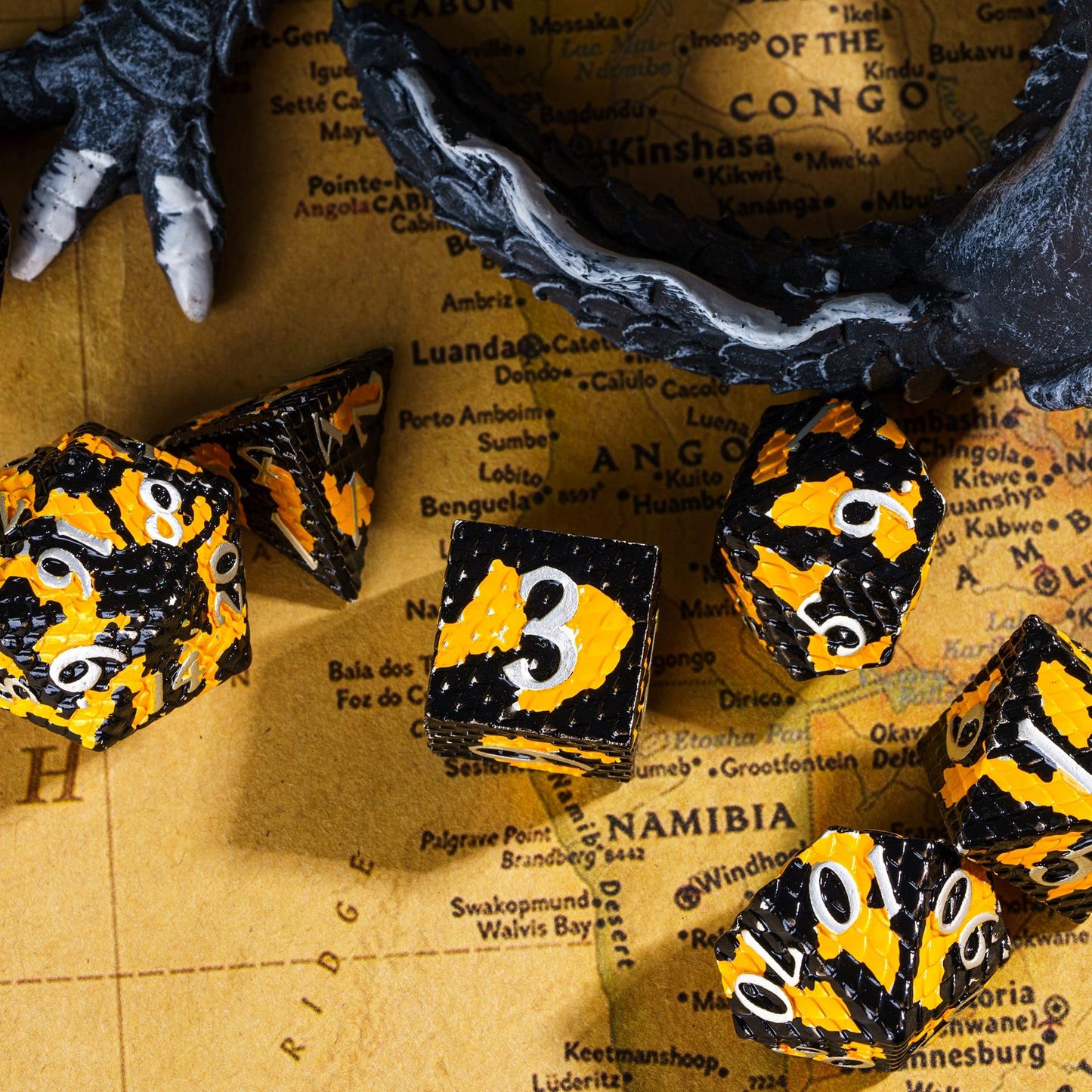 UDIXI Metal DND Dice Set Dragon Scale Polyhedral Dice D&D for Role Playing Games Dungeons and Dragons MTG (Black Orange-Silver N