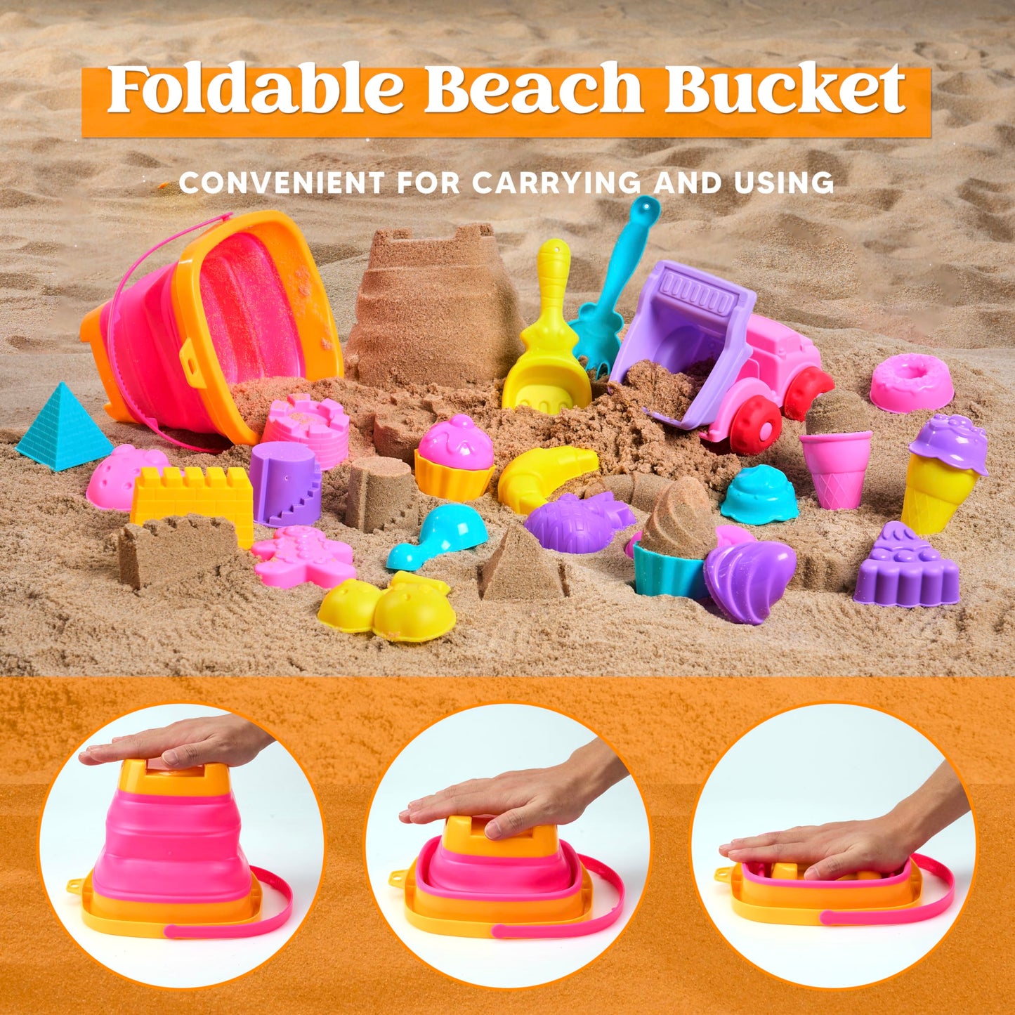 Sloosh Beach Sand Toys Set - Pink Dump Truck Car Toys with Sand Molds Toddlers Outdoor Play, Collapsible Buckets Mesh Bag Sand S