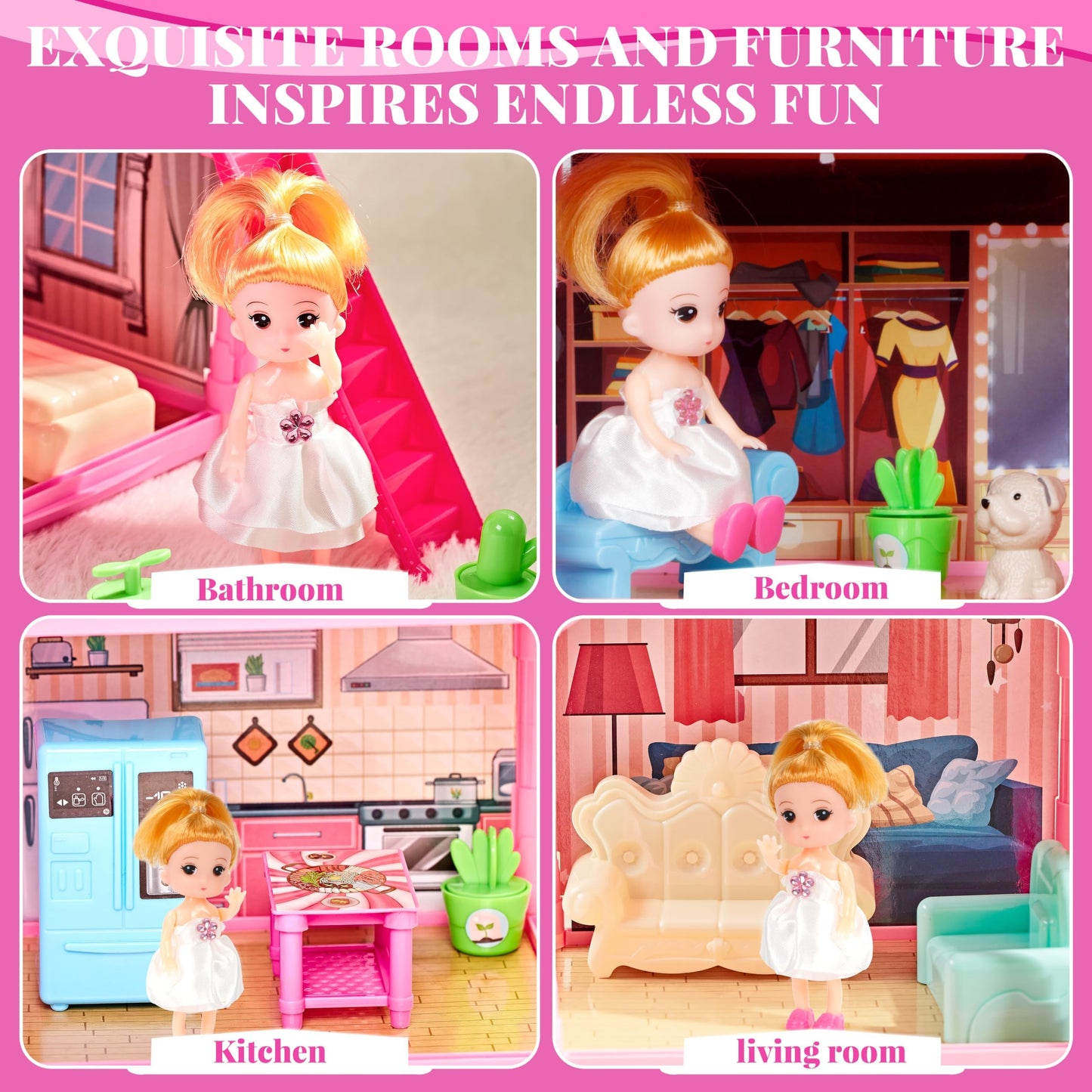 Doll House For Girls,13 Rooms Dollhouse With Dolls Figure, Puppies,Furnitures, Accessories, Led Light, Toddler Playhouse Gift For For 3 4 5 6 7 8 9 10 Year Old Girls Toys (Pink)