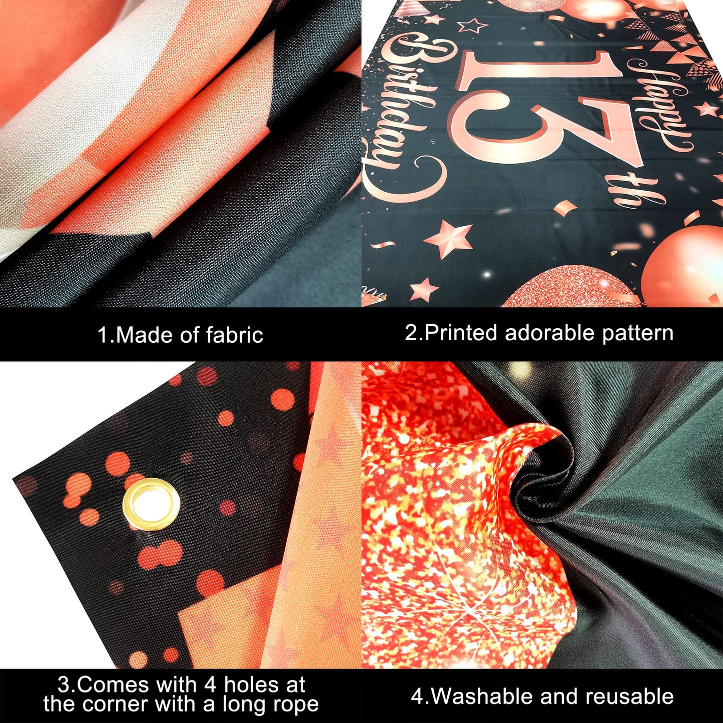 Katchon, Rose Gold Happy 13Th Birthday Banner - Huge, 72X44 Inch | Rose Gold And Black 13Th Birthday Backdrop, 13Th Birthday Party Decorations | 13 Birthday Banner, 13Th Birthday Decorations For Girls