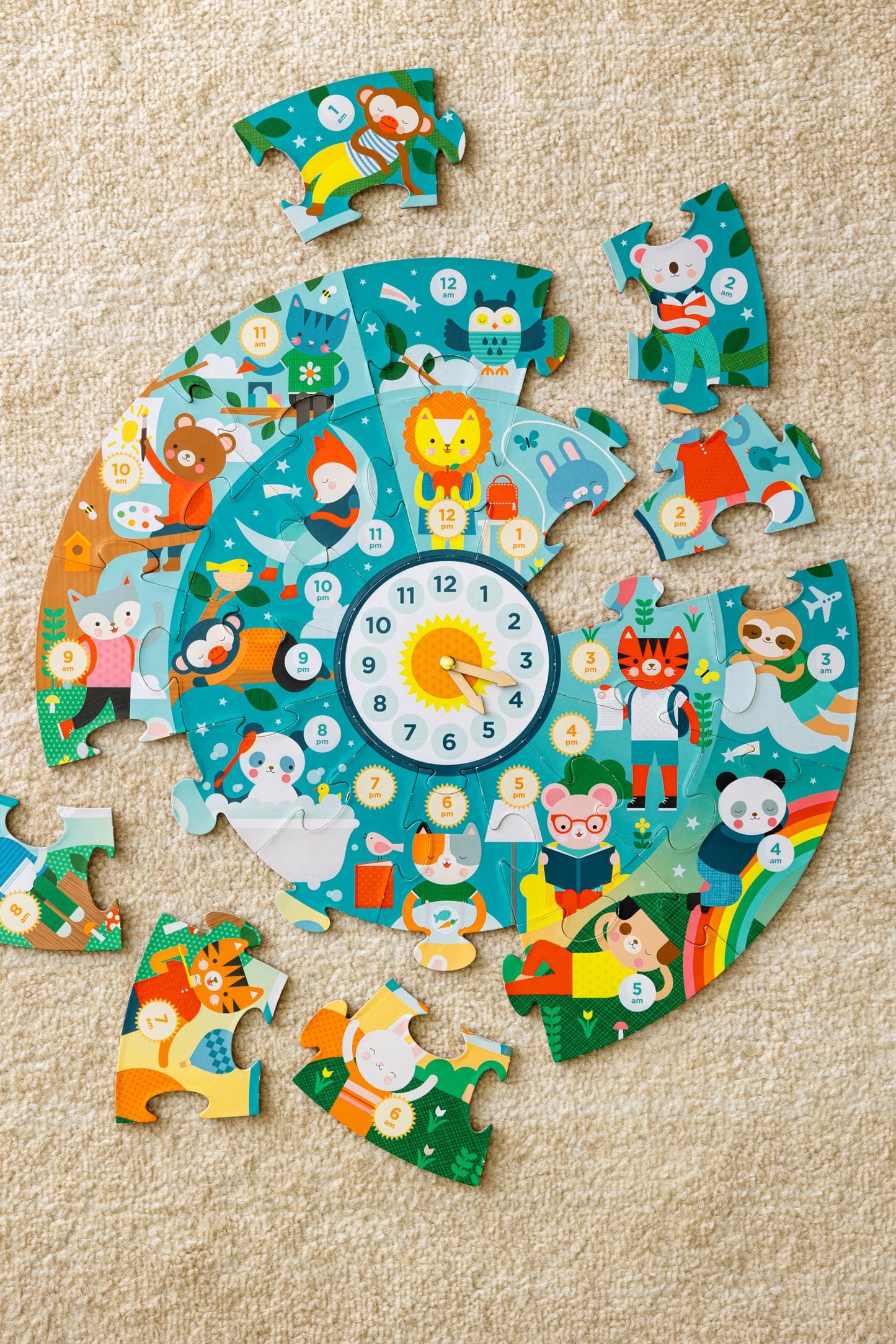 Petit Collage Floor Puzzle, Telling The Time, 24-Pieces - Large Puzzle For Kids, Wooden Clock Hands Can Be Moved To Show The Tim