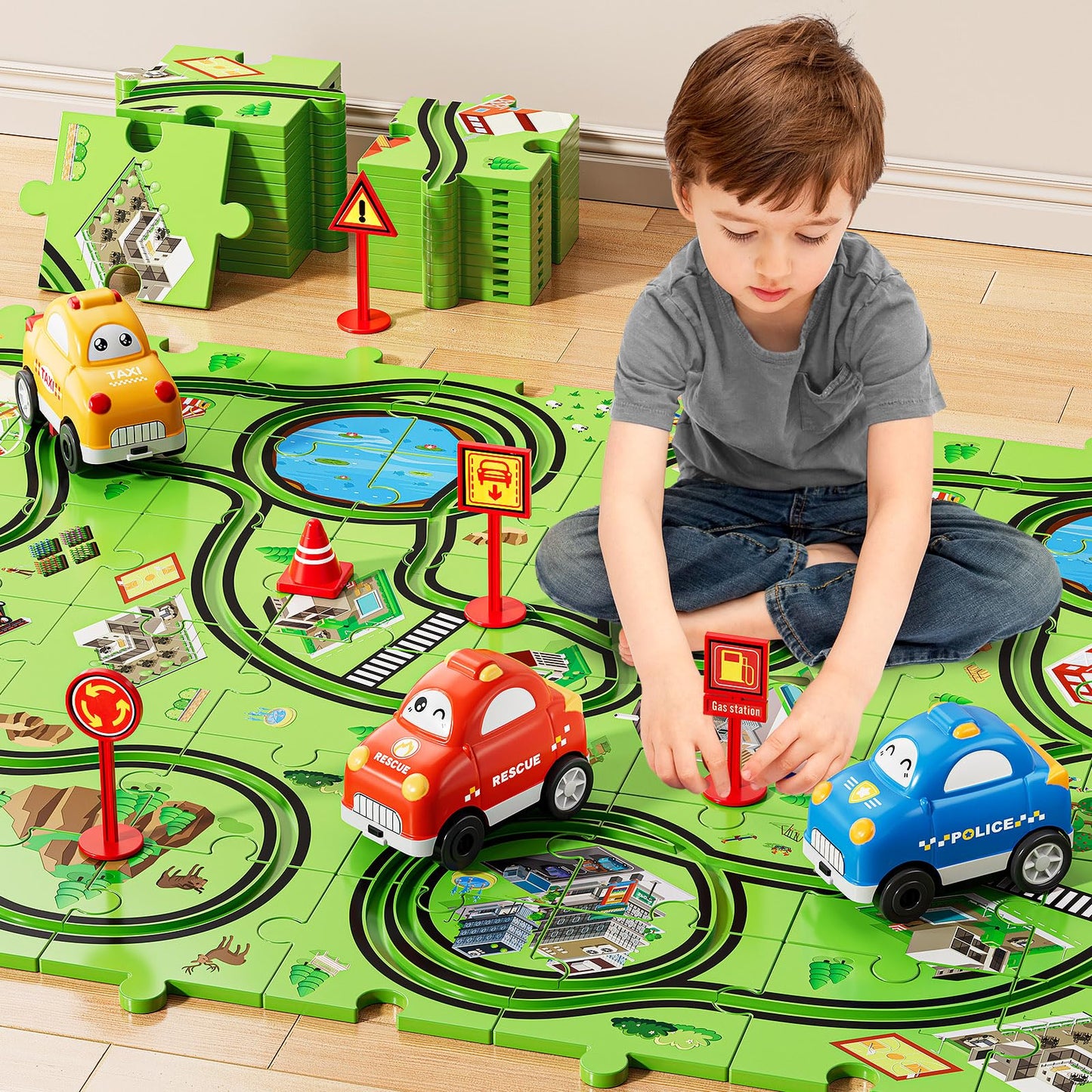 Niplooow 64 Pcs Puzzle Track Car Set For Boys Kids 3-5, Toddler Boys Toys For 3 4 5 6 Years Old, Puzzle Race Tracks Car Toys, Bi