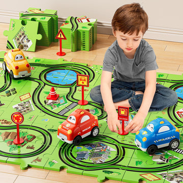 NIPLOOOW 64 PCS Puzzle Track Car Set - City-Themed, Small, Green, Plastic, Perfect for Boys & Girls Ages 3-6