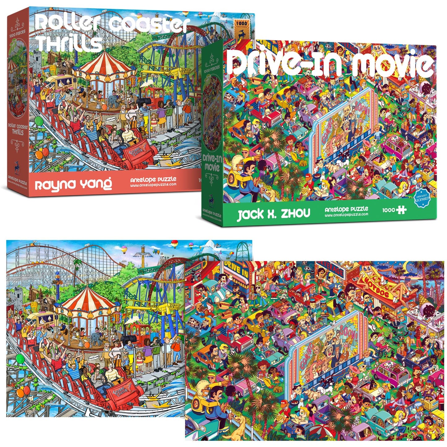 Antelope 2 In 1 1000 Piece Puzzle Bundle - Drive In Movie - 1000 Piece Jigsaw Puzzle Bundle With Roller Coaster - 1000 Piece Jigsaw Puzzle