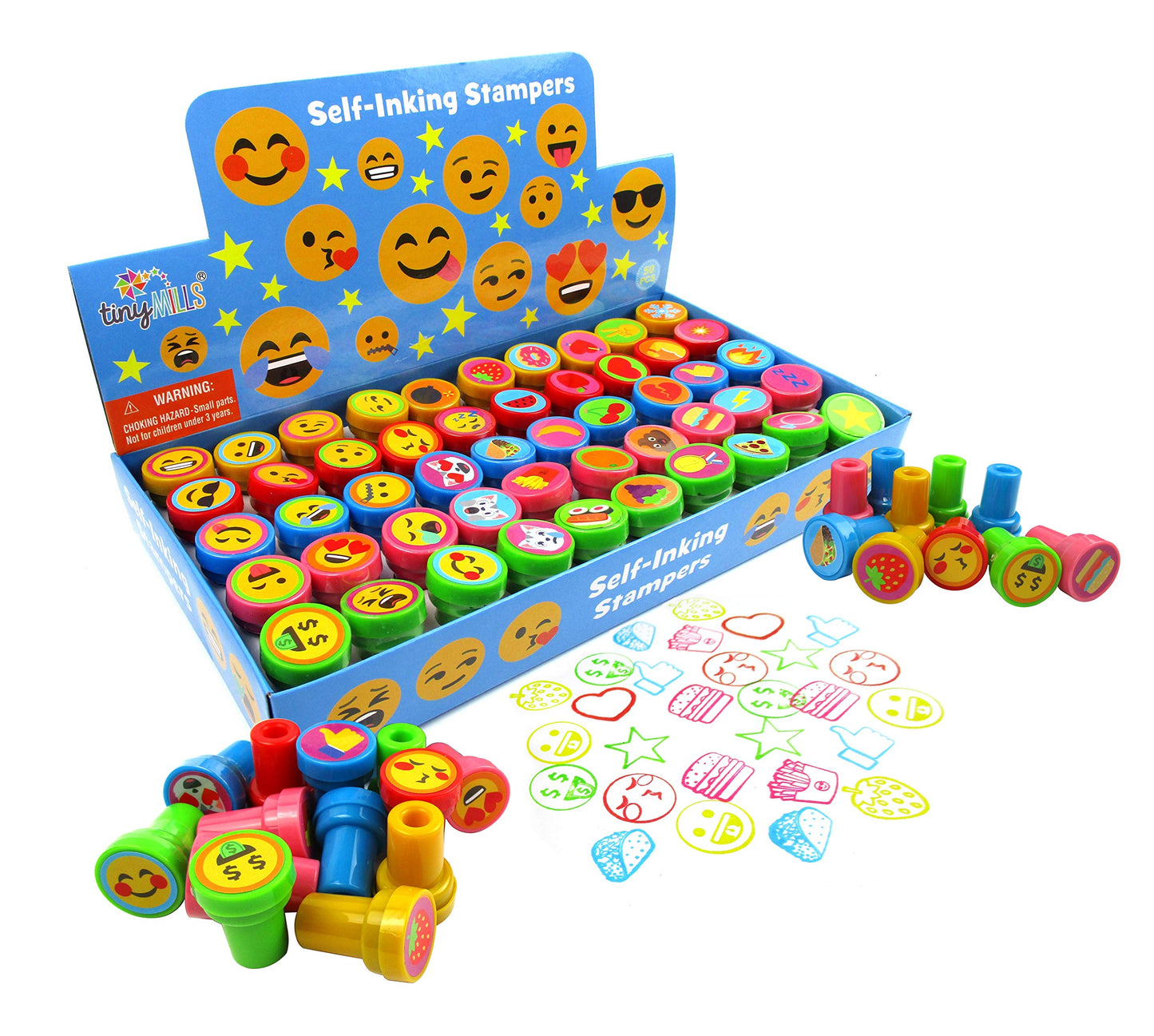Tiny Mills 50 Pcs Emoji Assorted Stamps for Kids Self-Ink Stamps (50 Different Designs) for Emoji Birthday Party Favors,Goodie B
