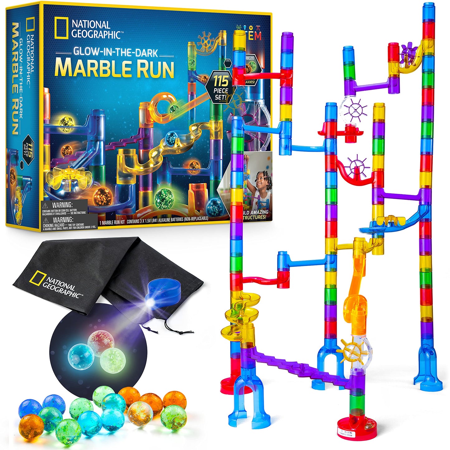 National Geographic Glowing Marble Run – 115 Piece Construction Set With 25 Glow In The Dark Glass Marbles, Storage Bag, Great Creative Stem Toy For Girls And Boys