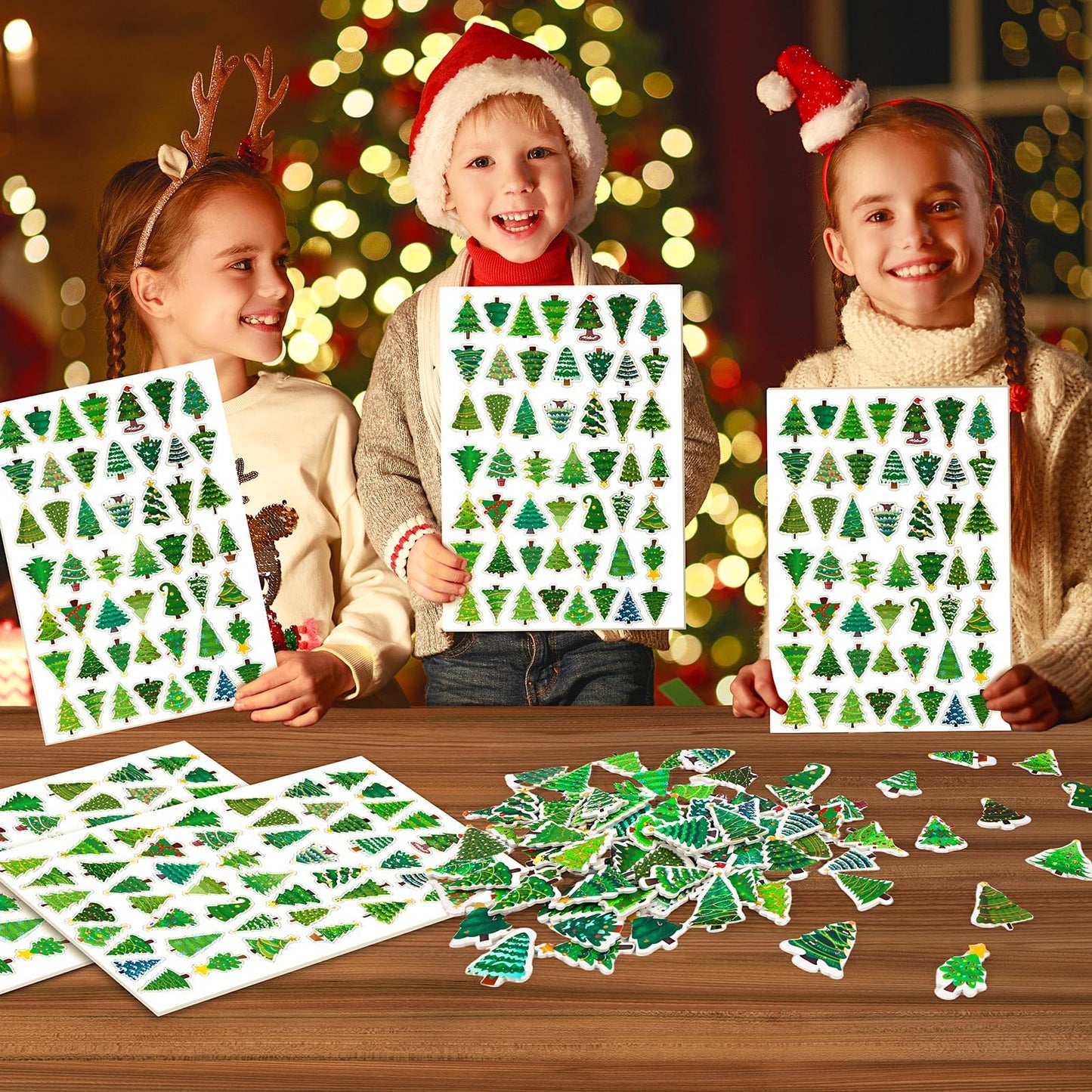 JULBEAR Christmas Tree Foam Stickers, 300 Pcs Bulk Self-Adhesive Christmas Tree Stickers for Arts Crafts Winter Christmas Xmas T