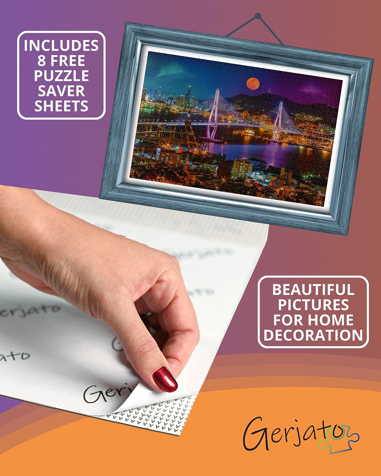 1000 Piece Puzzle for mature-themeds - Vibrant Night Cityscape with Moonlit Bridge Gift-Ready Box Letters on Back 8 Jigsaw Puzzle Saver Sheets & Full-Size Poster by GERJATO - Ideal Gift for Loved Ones