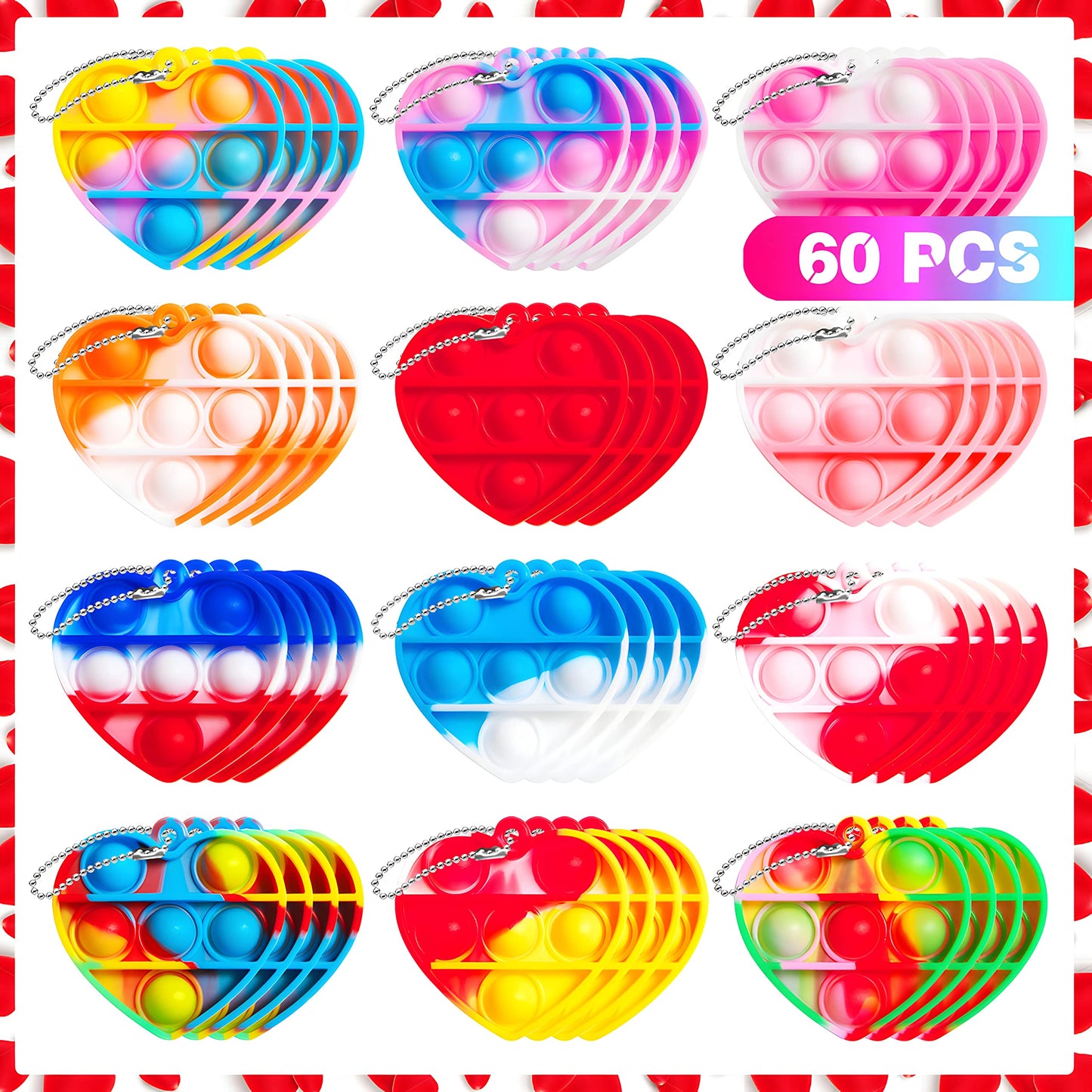 60 Pcs Heart-Shaped Pop Its Set Pop Fidget Toys Push Pop Its Bubble Fidget Sensory Toy Pop It Fingertip Keychain Decompression B