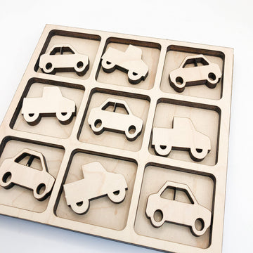 Vroom Themed Tic Tac Toe Board Game, 5X5 Inches Unfinished Wood Diy Painting Craft Kit For Kids With Wooden Cars & Trucks, Avtrb