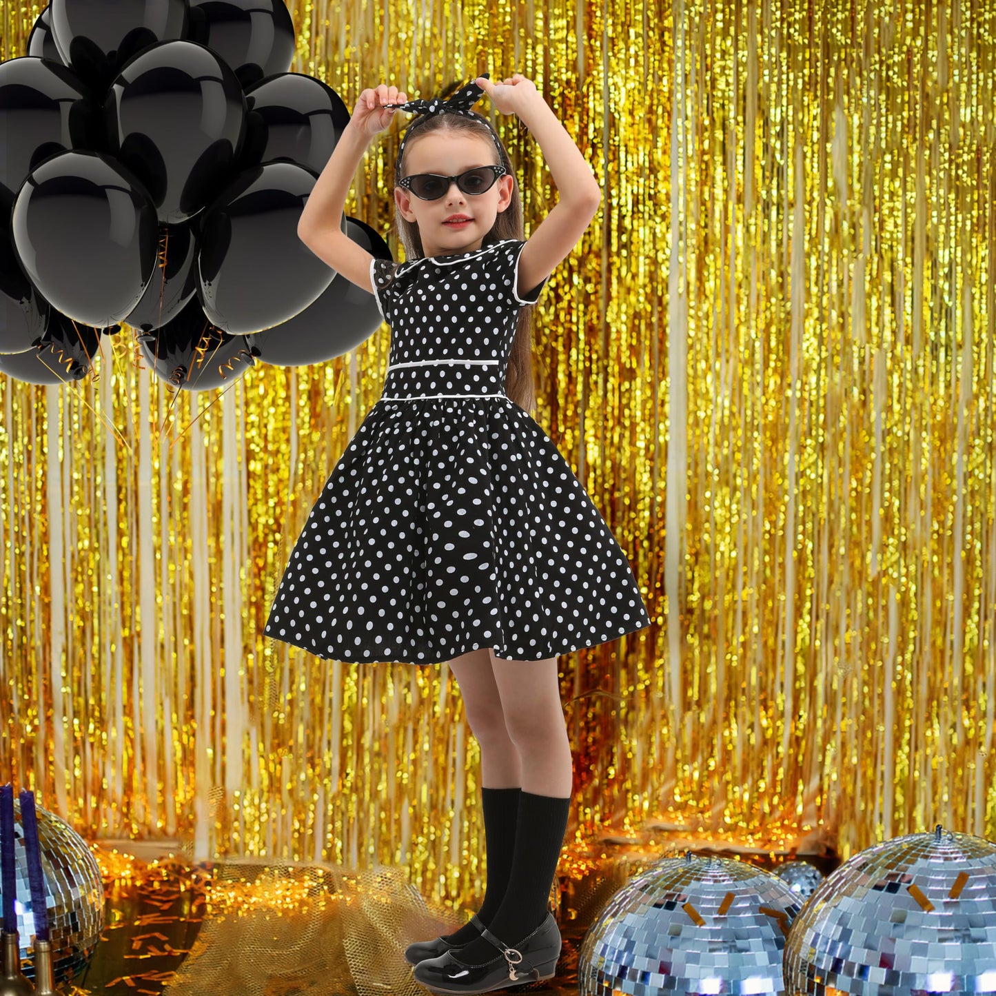 Rabtero 1950S Black And White Polka Dot Dress Costume For Girls 7-8 Years, Large - Halloween Outfit With Headband, Glasses And S