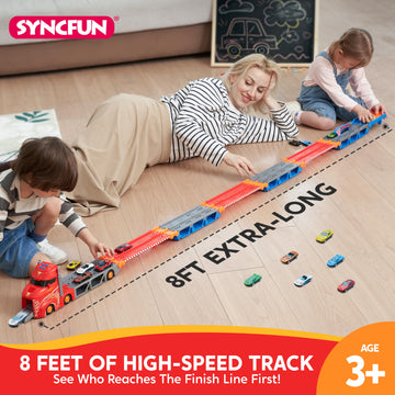 Syncfun Carrier Truck Race Track Toddler Toy - 8-Ft Foldable 3 Layer Toy Truck With 12 Die-Cast Metal Racing Cars And Lights & S