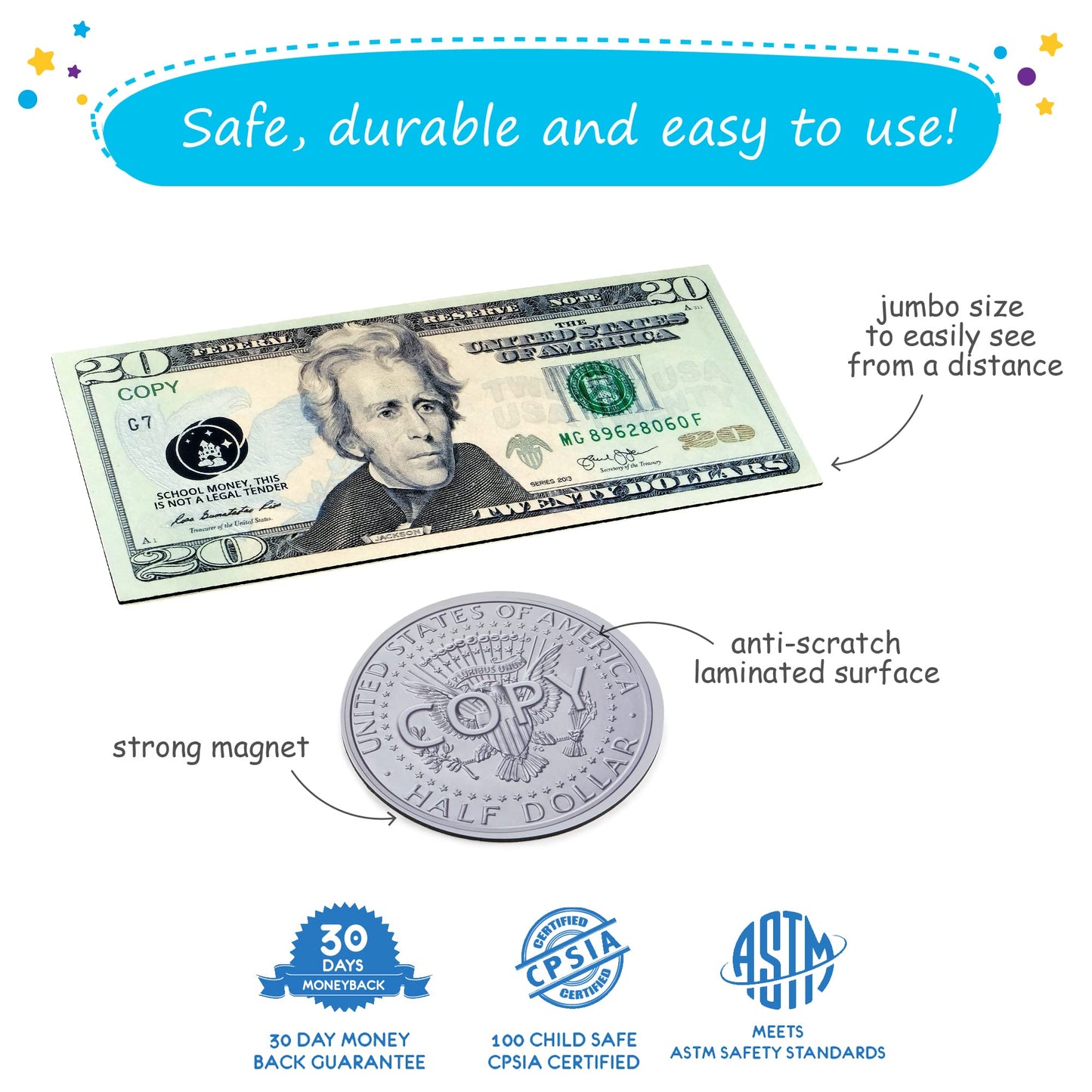 48 PCS Large Double-Sided Magnetic Money - Play Money for Kids for Learning, Pretend Money for Classroom, Toy Money, Play Coins