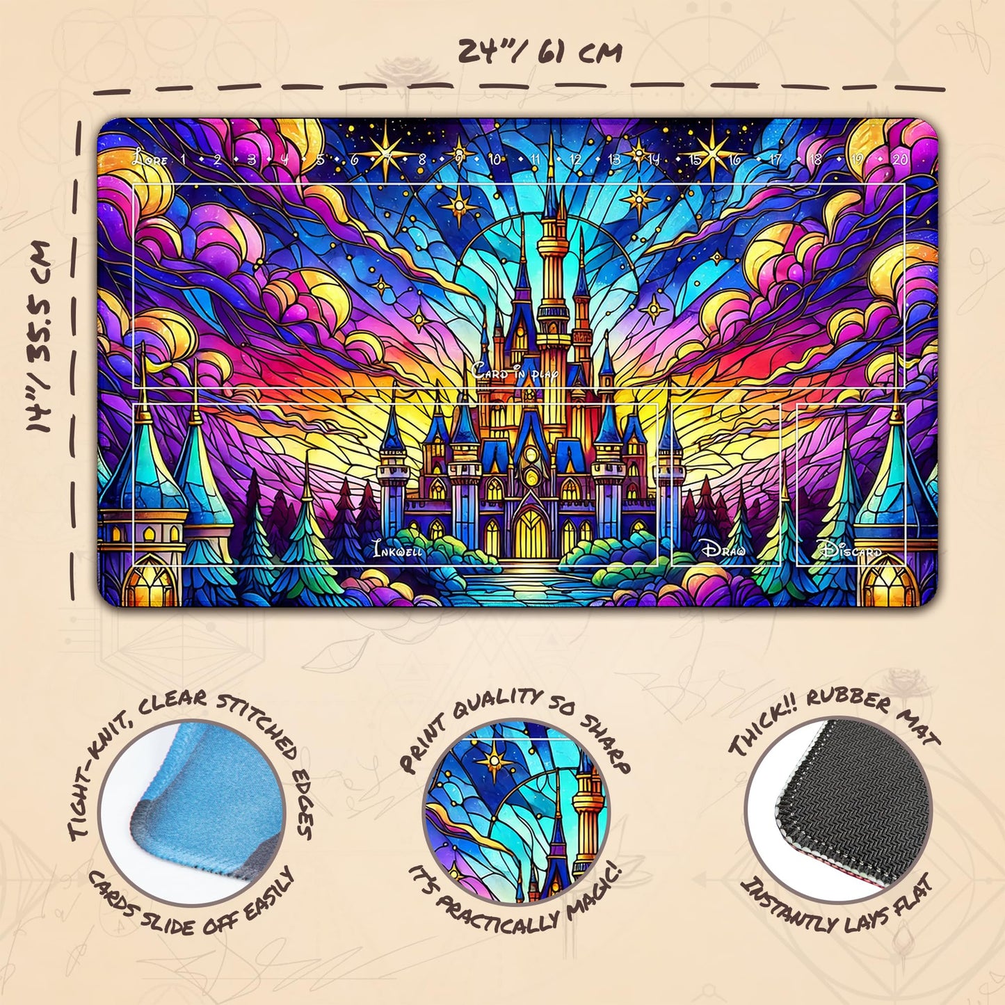 Wizcraft Gaming Paramint Lorcana Stained Glass Castle (Stitched) - Lorcana Playmat - Lorcana Mat, Lorcana Game Mat - Non-Slip Ru