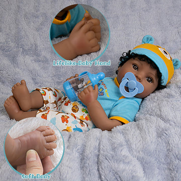 Ekokiz Lifelike Reborn Baby Doll 18-Inch American African Baby Boy Newborn Baby Doll Soft Cloth Body Real Life Baby Dolls For Ki