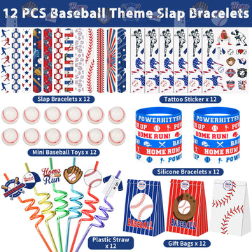 Erweicet Baseball Party Favors Set 72 PCS Baseball Slap Straws Silicone Bracelets Tattoo Stickers Mini Bouncy Balls Toy for Good