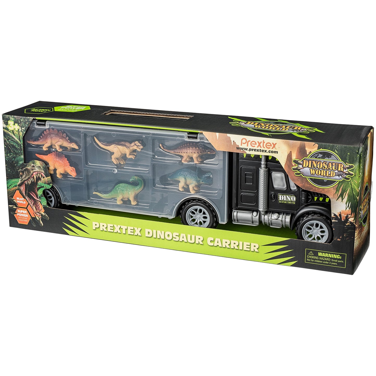 PREXTEX 16'' Dinosaur Truck Carrier Playset with 6 Mini Plastic Dinosaurs, Dinosaur Toy Trucks for Toddler Boys 3 to 5 Years Old