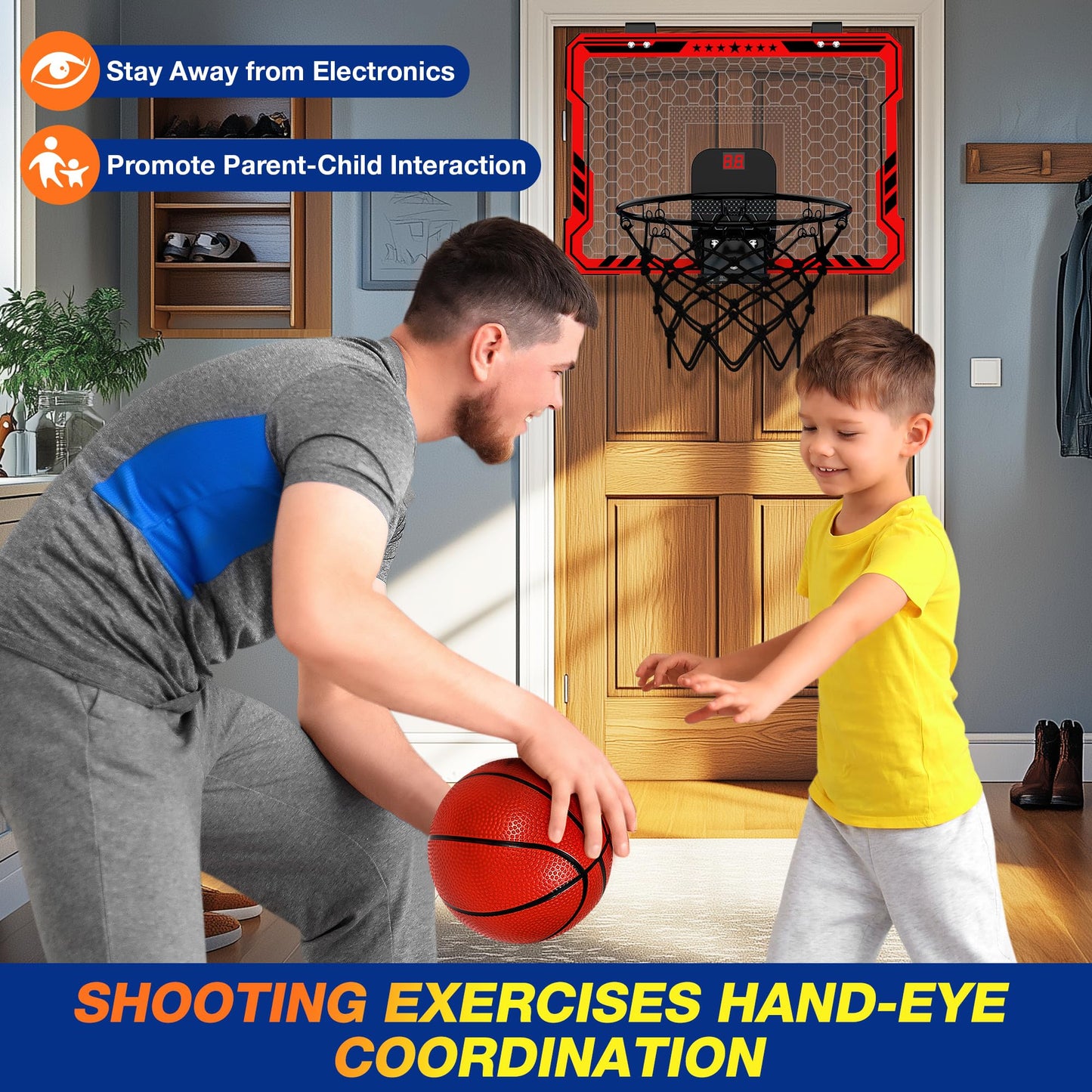 Ropoda Indoor Basketball Hoop, Mini Hoop With 7 Led Lights, 3 Modes Scoreboard, Mini Hoop With 4 Balls Over The Door, Basketball