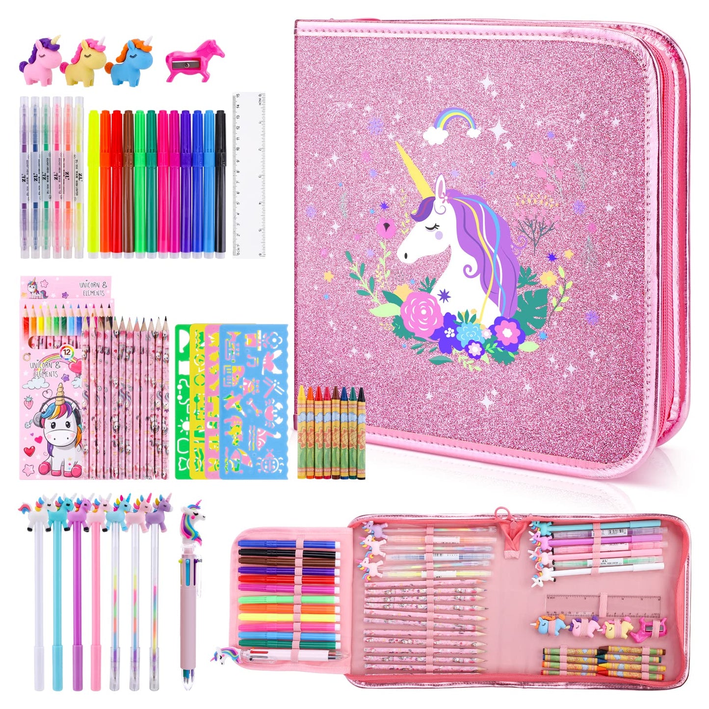 56 Pc Fruit Scented Marker Set With Glitter Unicorn Case, Art Supplies Kit For Kids Ages 4-8