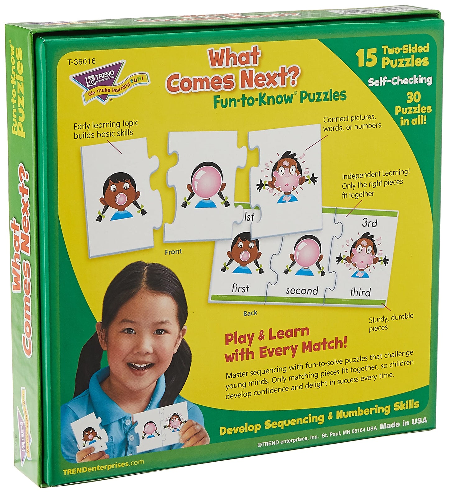 Trend Enterprises: Fun-To-Know Puzzles: What Comes Next? Learn Sequencing In Pictures & Words, 15 Three-Piece Two-Sided Puzzles, Self-Checking, 30 Puzzles Total, For Ages 4 And Up