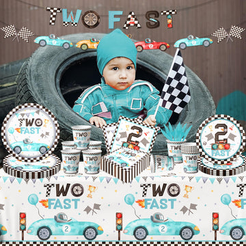 142Pcs Two Fast Birthday Party Tableware Decorations For Boys Blue Race Car Checkered Flags Racing Wheel Disposable Plates,Table