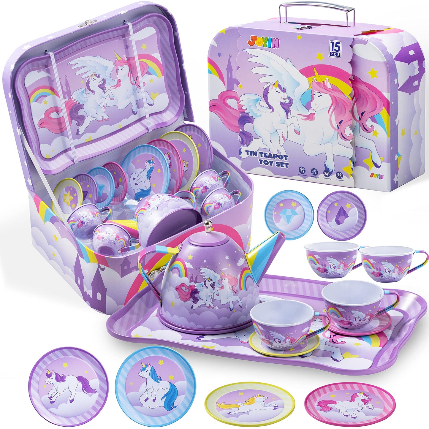JOYIN Unicorn Tea Party Set for Little Girls, Pretend Purple Tin Teapot Set, Princess Tea Time Play Kitchen Toy with Teapot, Cup