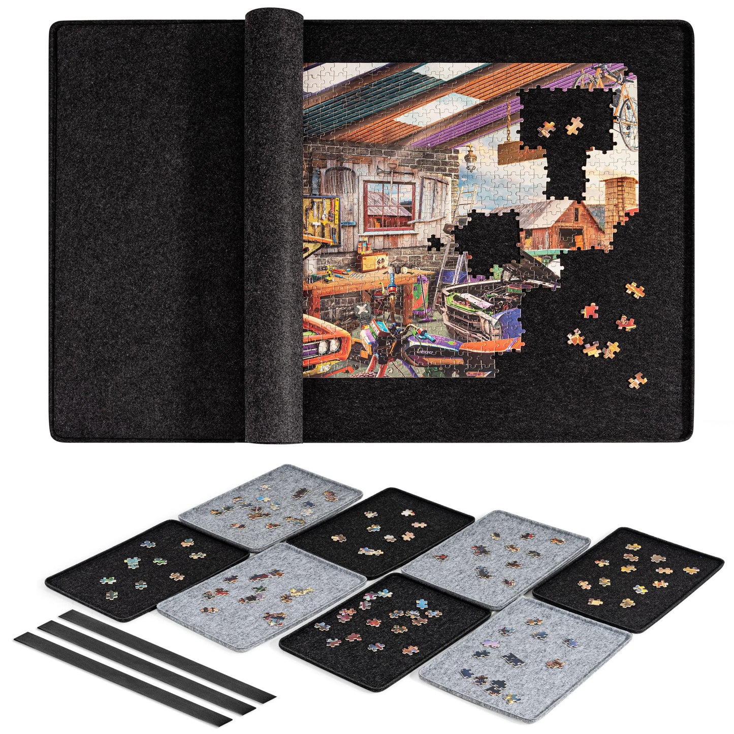 Lavievert Jigsaw Puzzle Board With 8 Sorting Trays & Cover, Portable Puzzle Mat, Lightweight Felt Puzzle Plateau For Adults, Large Puzzle Table Storage Holder For Up To 1500 Pieces - Black