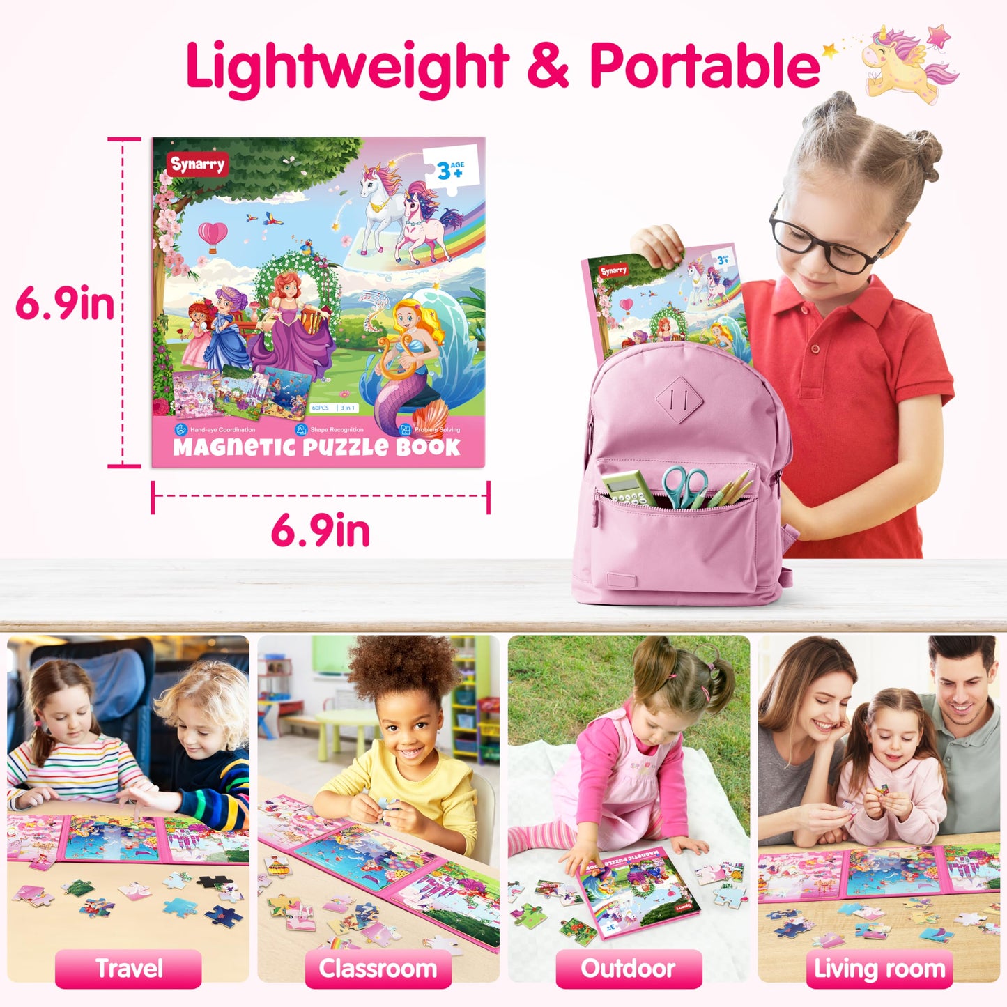 Synarry Unicorn Mermaid Princess Magnetic Puzzles For Toddlers 3-5 Girls, 20 Pieces Travel Puzzles For Kids Ages 4-6, Car Airplane Road Trip Activities Toys For 3 4 5 6 Year Old Girls Birthday Gifts
