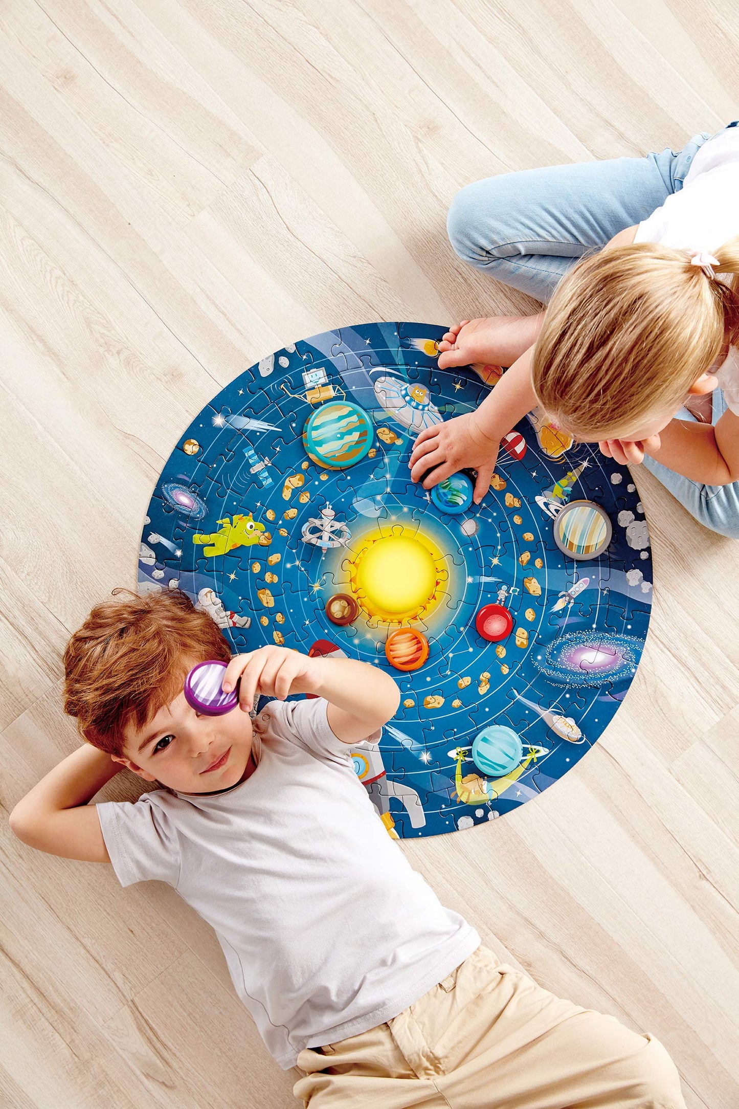 Hape Solar System Puzzle | Round Solar System Puzzle Toy For Kids, Exploratory Skills, Solid Wood Pieces And A Glowing Led Sun L