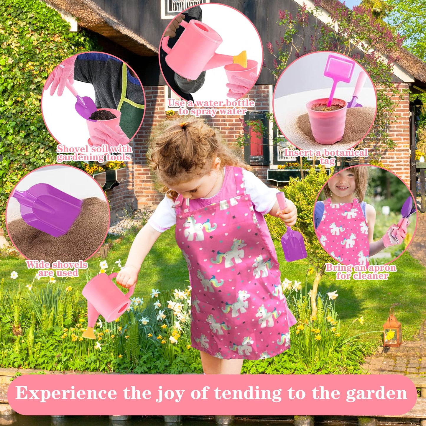 Wnj Kids Gardening Tools Set, Garden Toy Kit, With Handbag, Rake, Shovel, Trowel, Watering Can, Gloves, Handbag, Flower Pot, Diy