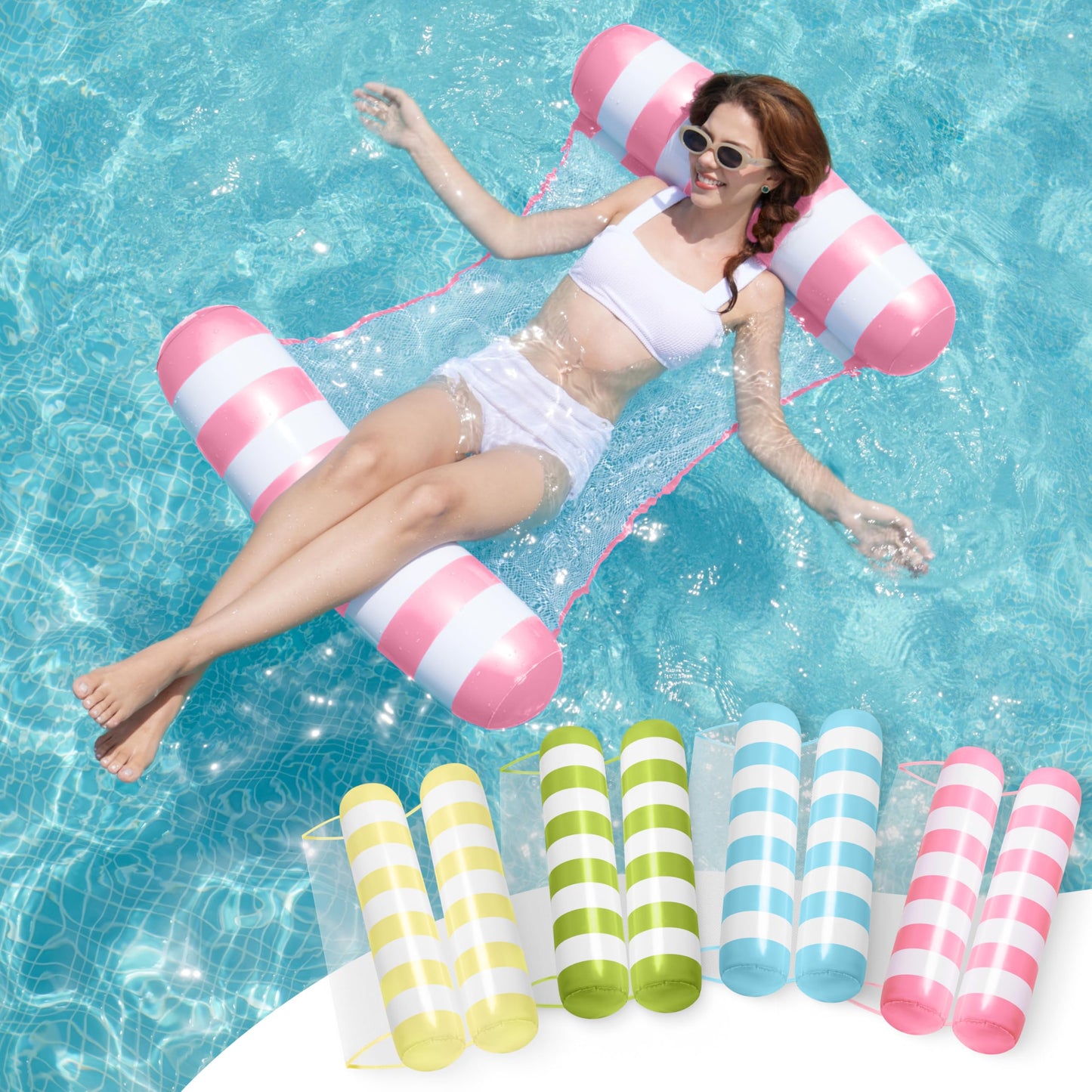 SLOOSH 4 Packs Strip Type Hammock Pool Floats Adults, 4-in-1 Multi-Purpose Inflatable Pool Floats PVC Water Hammock Lounge Float
