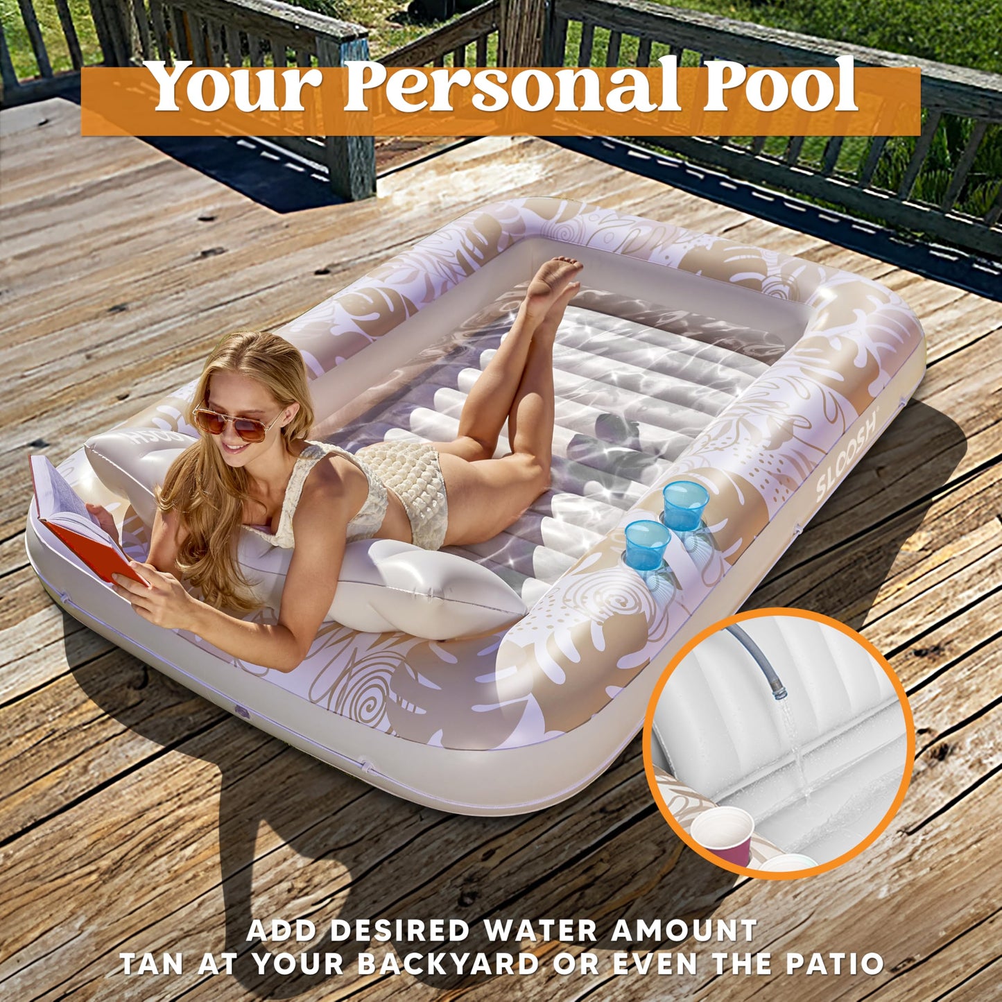 Sloosh Inflatable Tanning Pool Lounger Float, 85' X 57' Extra Large Pool Floats Adult With Pillow, 4 In 1 Suntan Tub Raft Floatie,Sunbathing Bed Lounge For Water Blow Up Ball Pit, Xl-Golden White