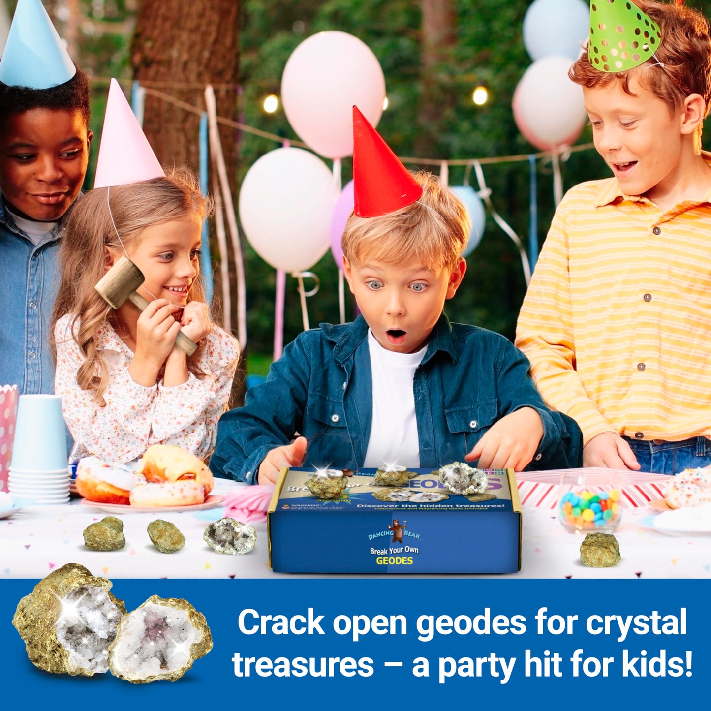 Dancing Bear 25 Break Your Own Geodes, 90% Hollow, (Large 1.75-2.5') Crack Open & Discover Amazing Surprise Crystals Inside! Educational Info And Instructions Included, Fun Party Favors & Prizes
